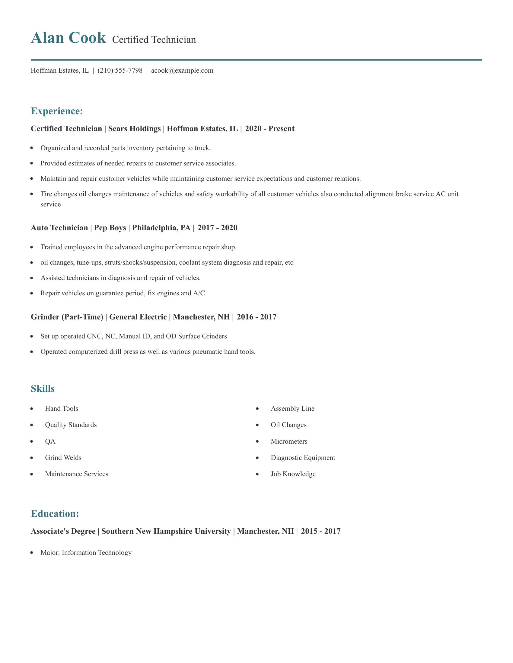 Certified Technician resume example