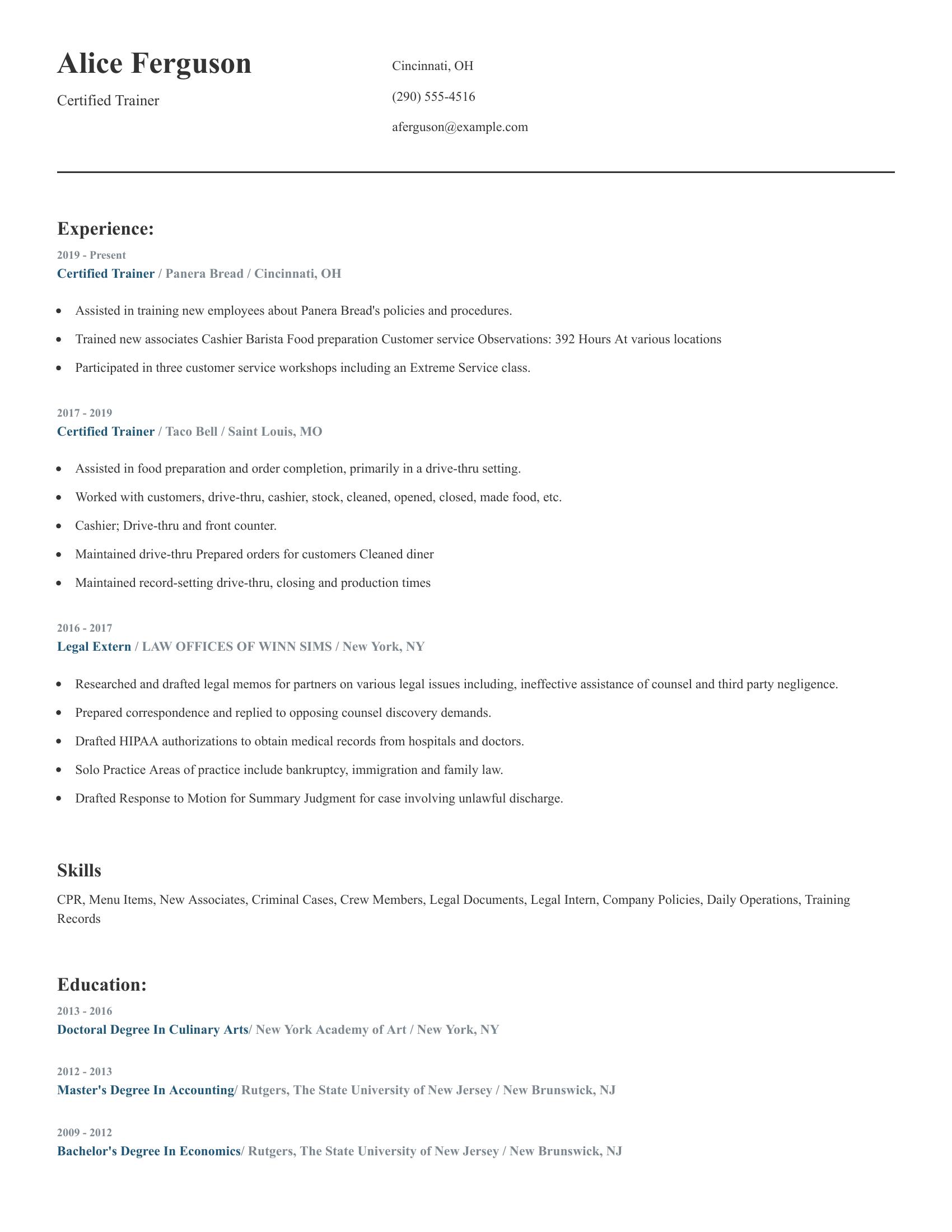 Certified Trainer resume example