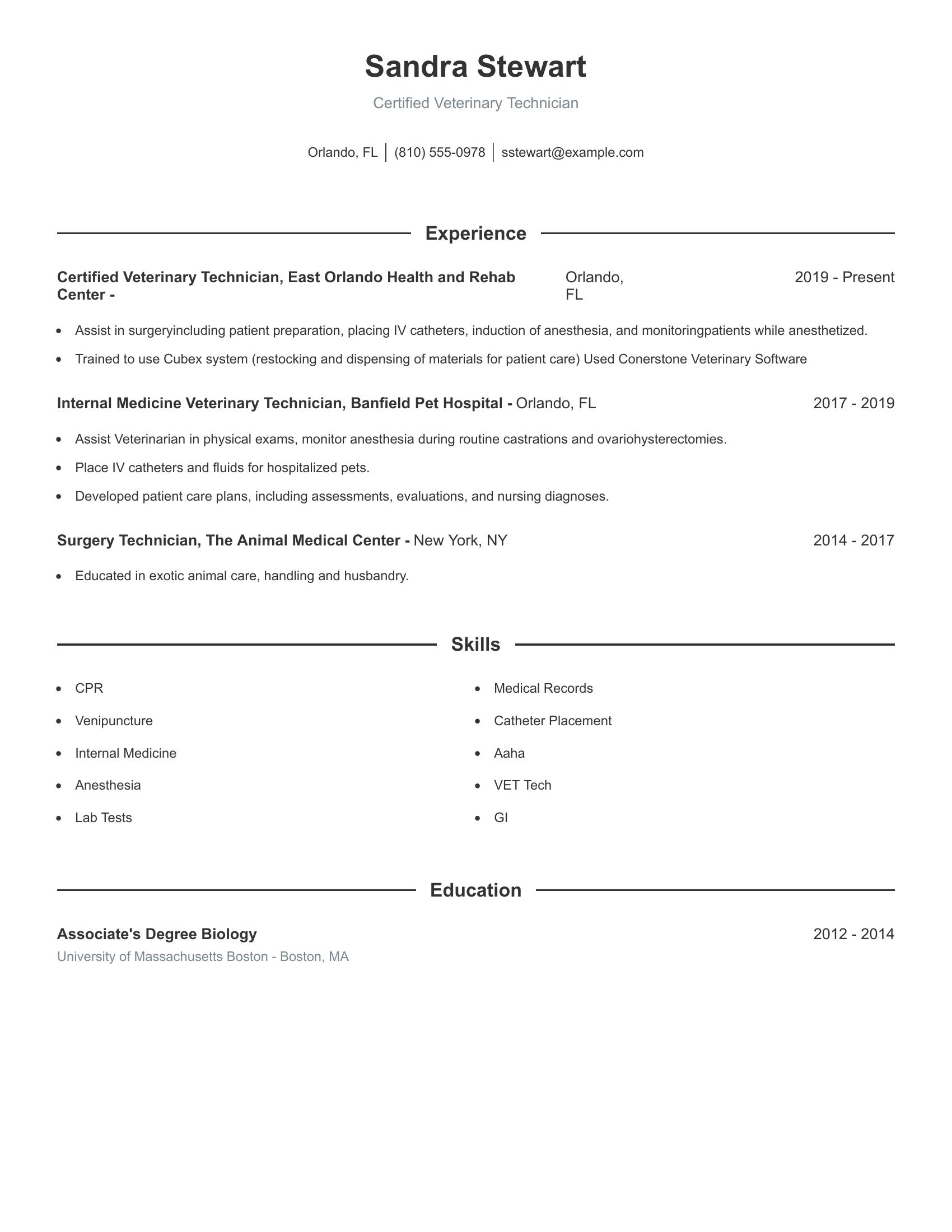 Certified Veterinary Technician resume example