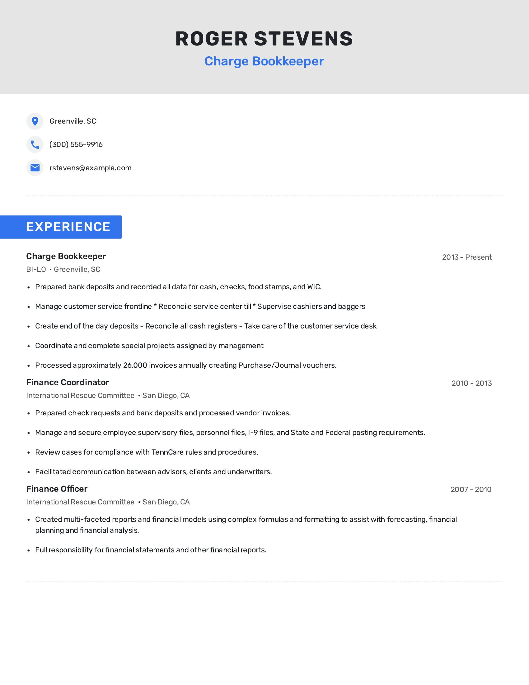 Charge Bookkeeper resume example