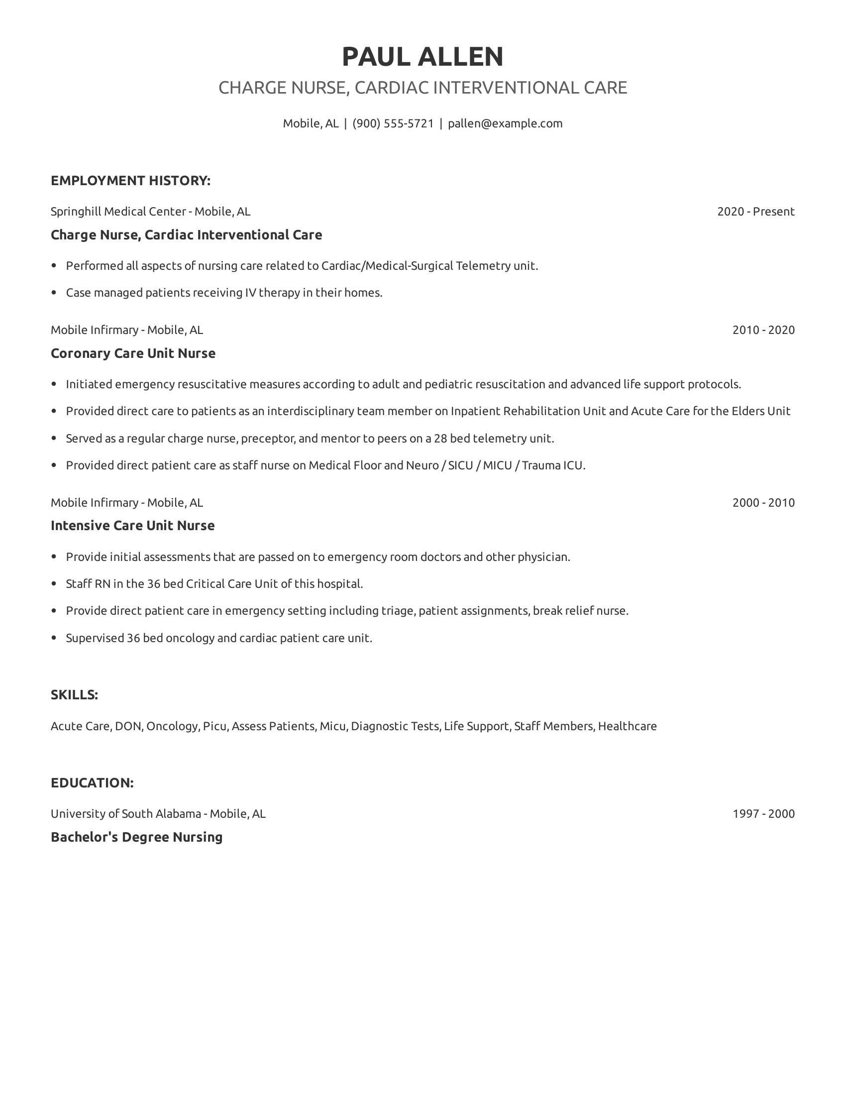 Charge Nurse, Cardiac Interventional Care resume example