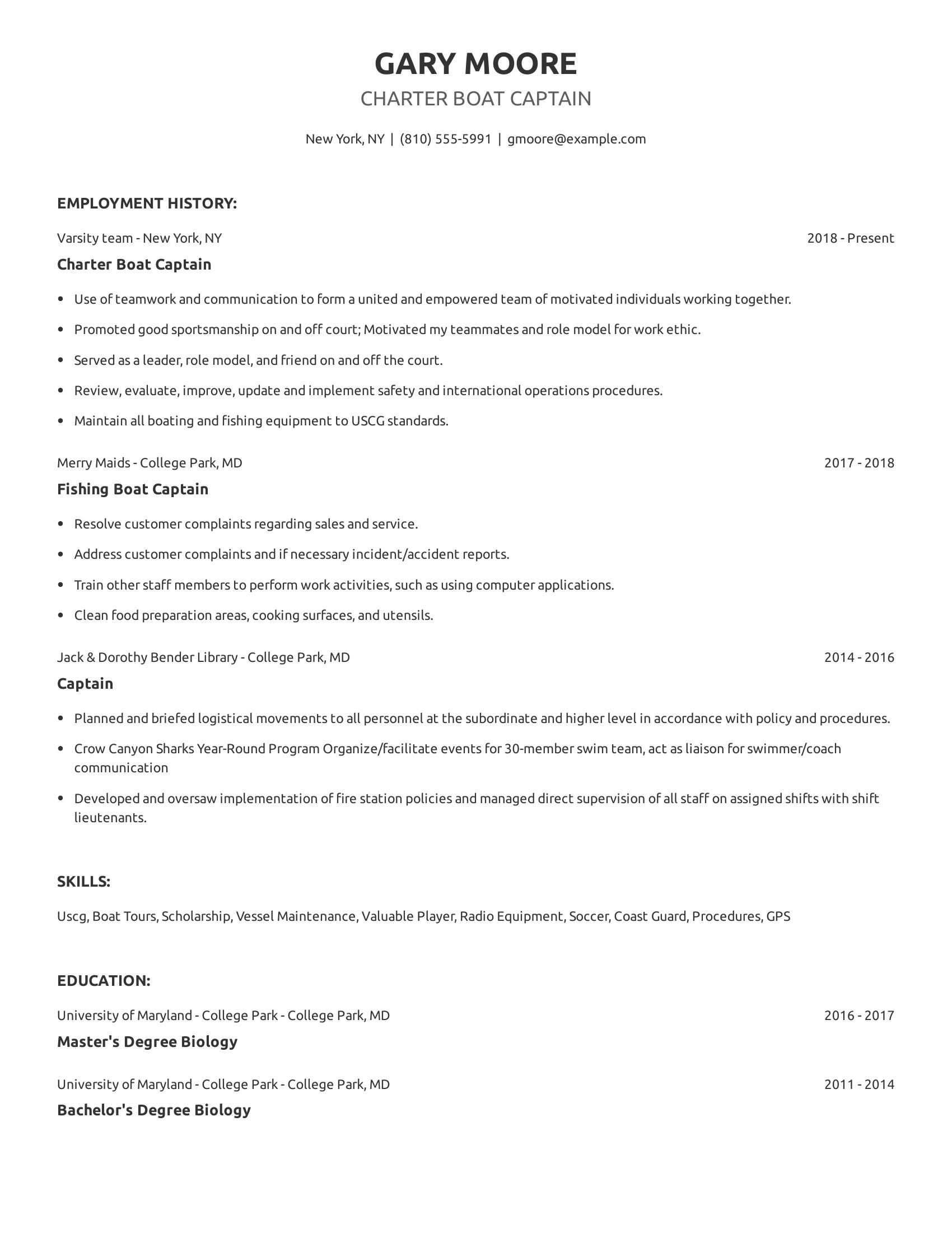 Charter Boat Captain resume example