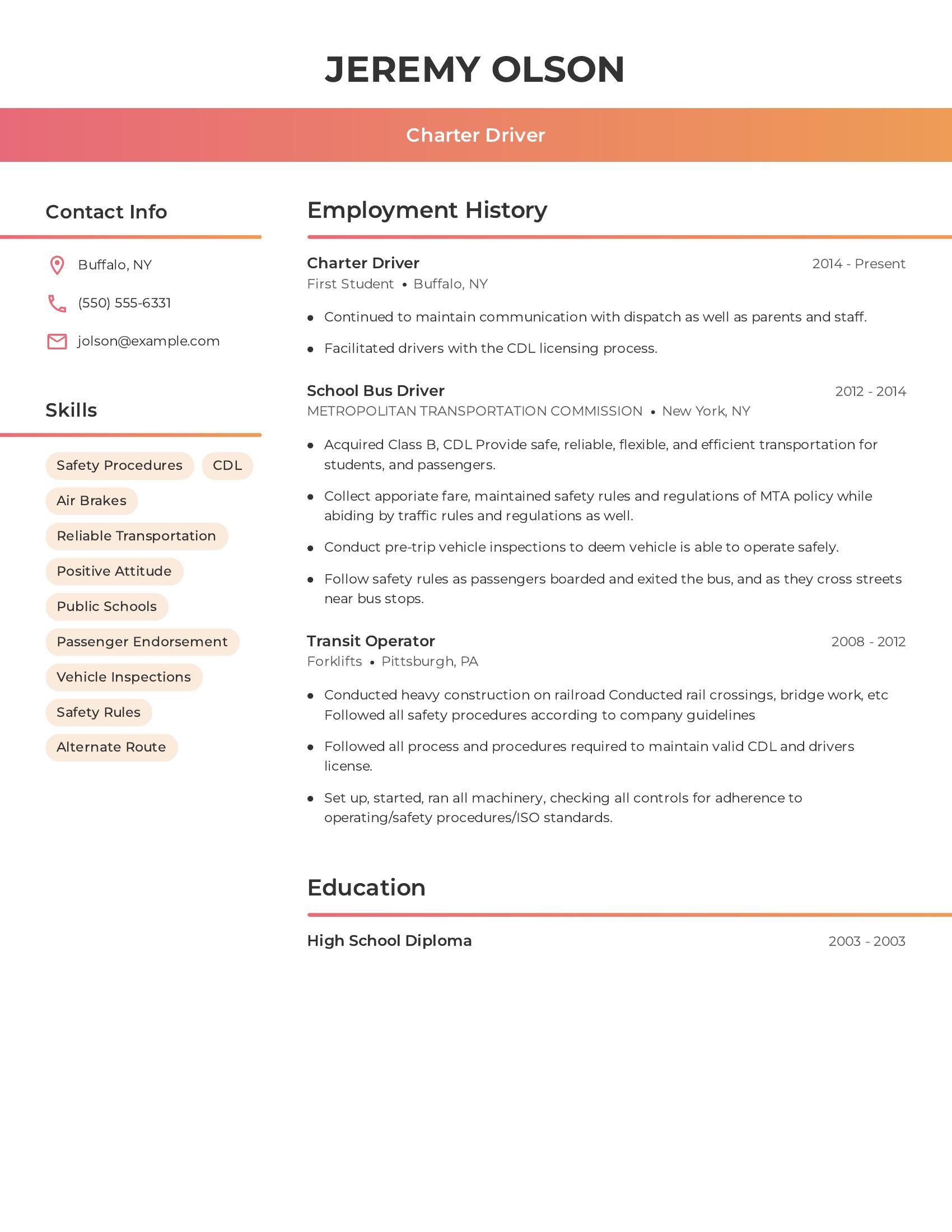 Charter Driver resume example