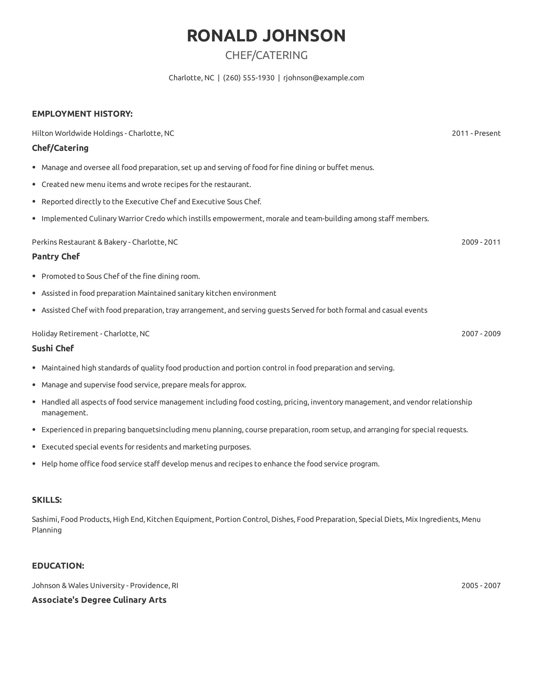 Chef/Catering resume example