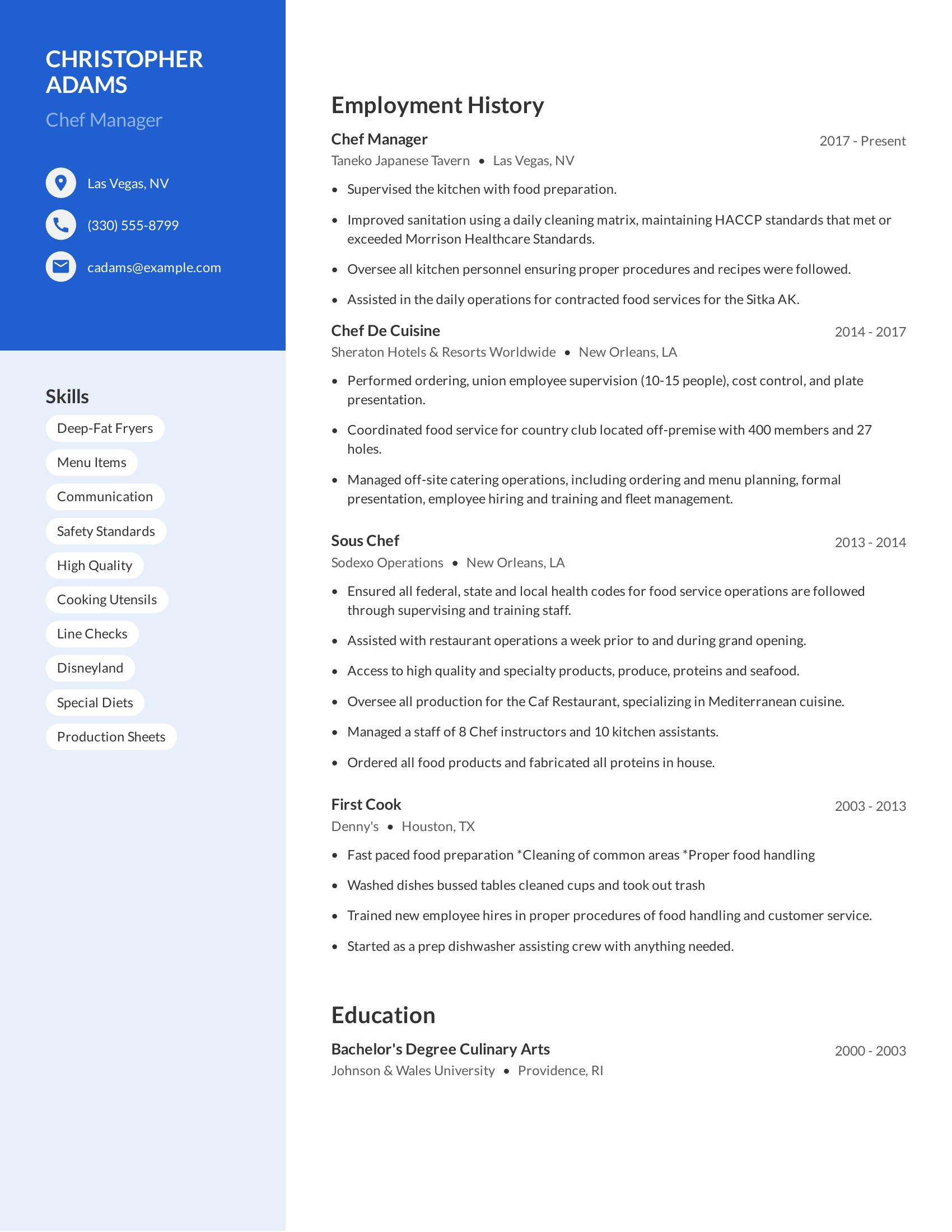 Chef Manager resume example