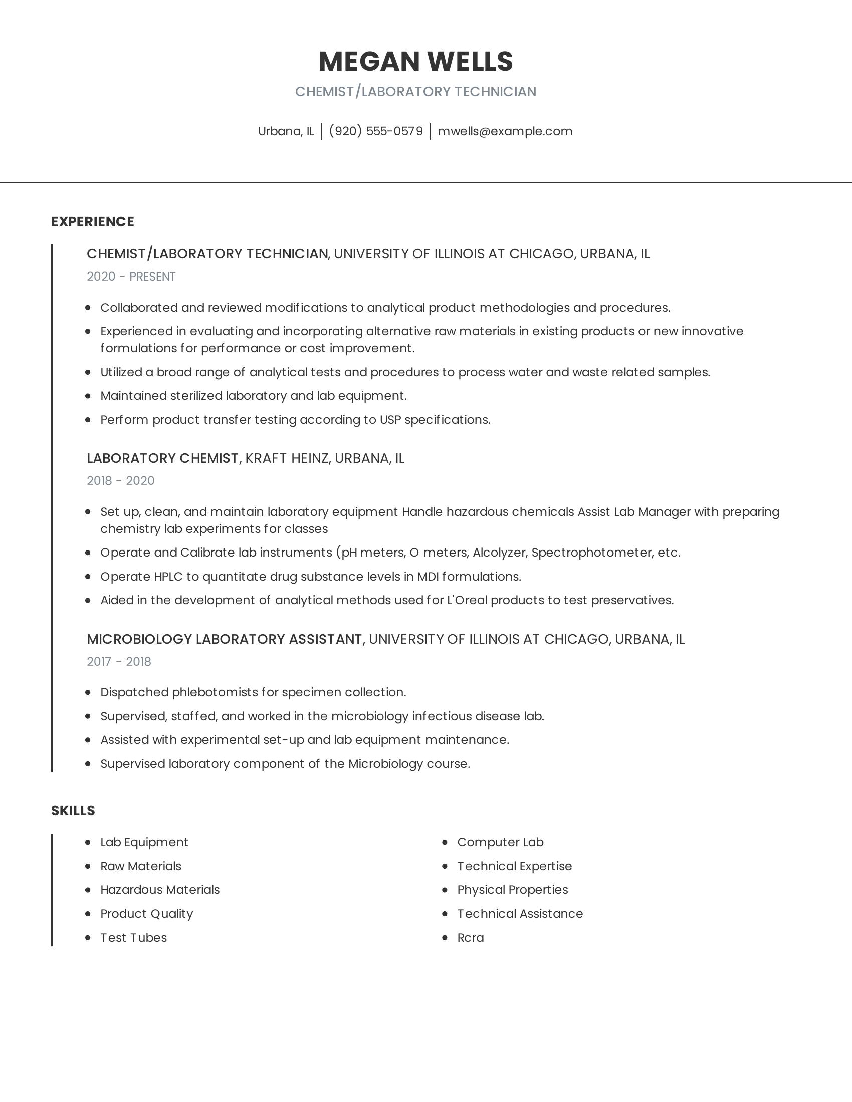 Chemist/Laboratory Technician resume example