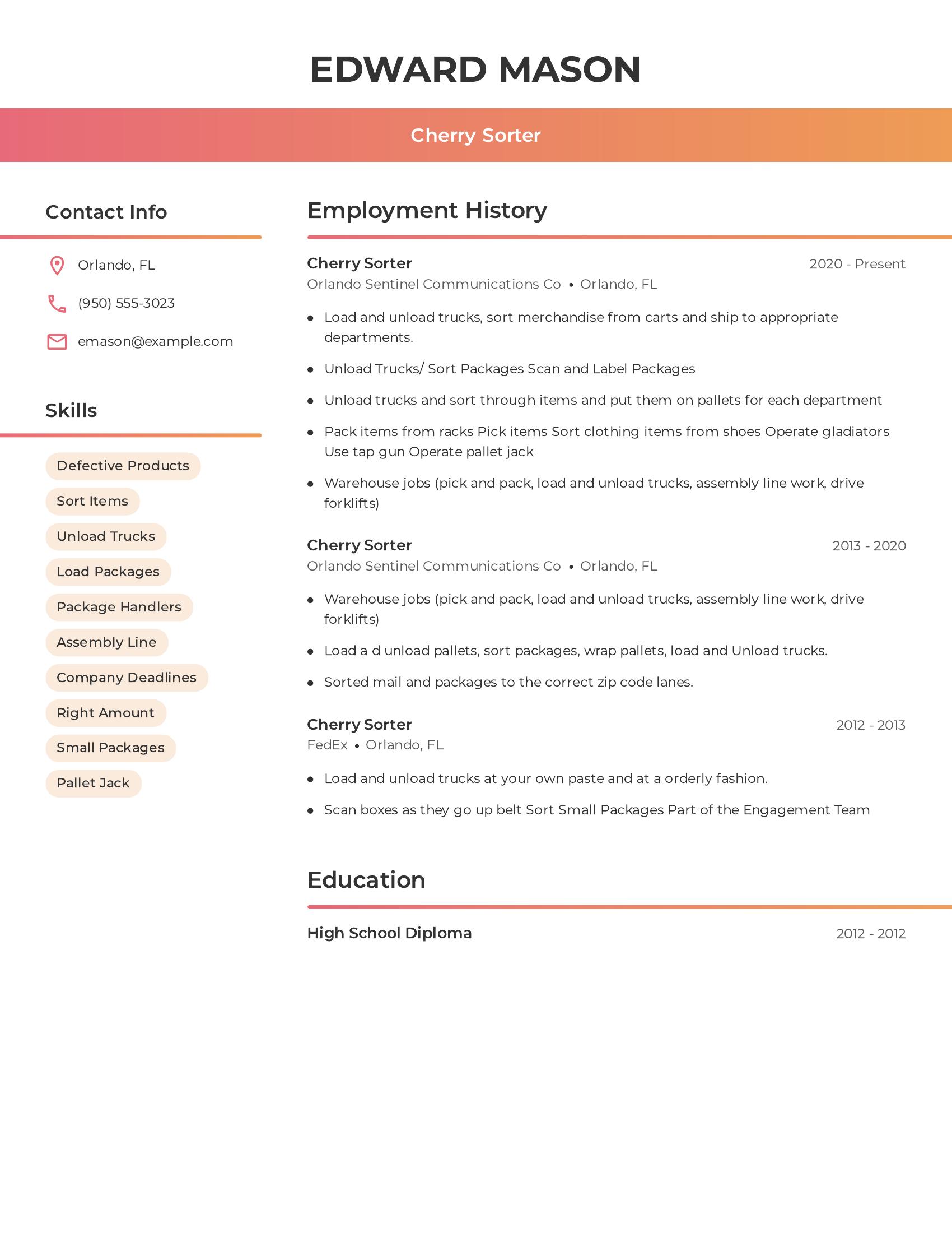 Cherry Sorter resume example