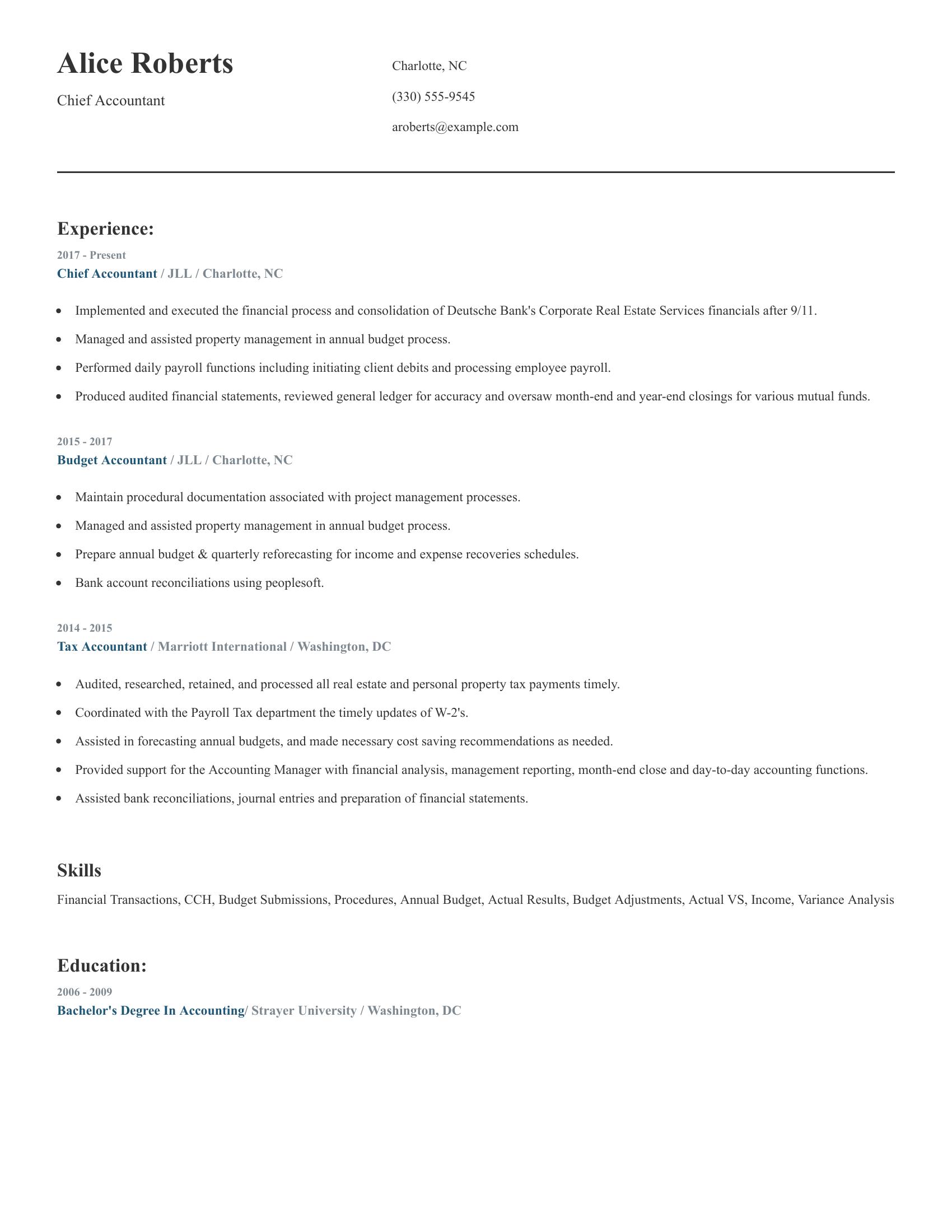 Chief Accountant resume example