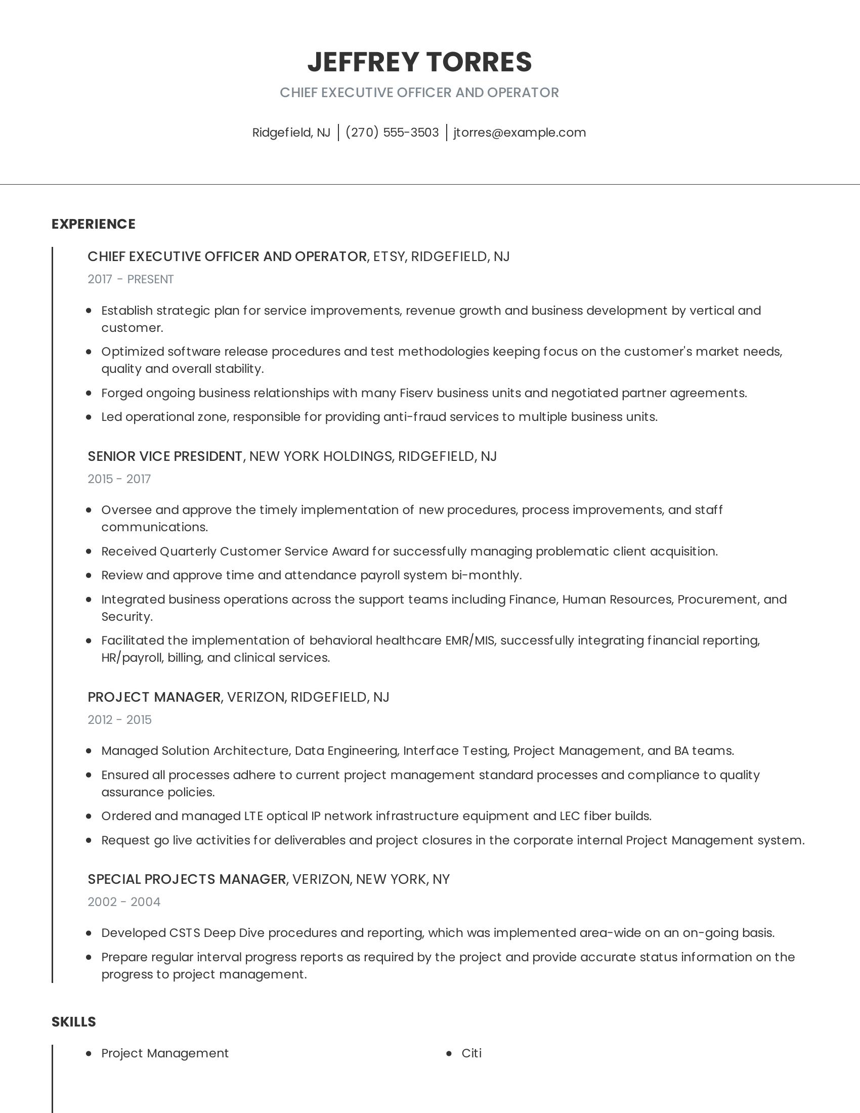 Chief Executive Officer And Operator resume example