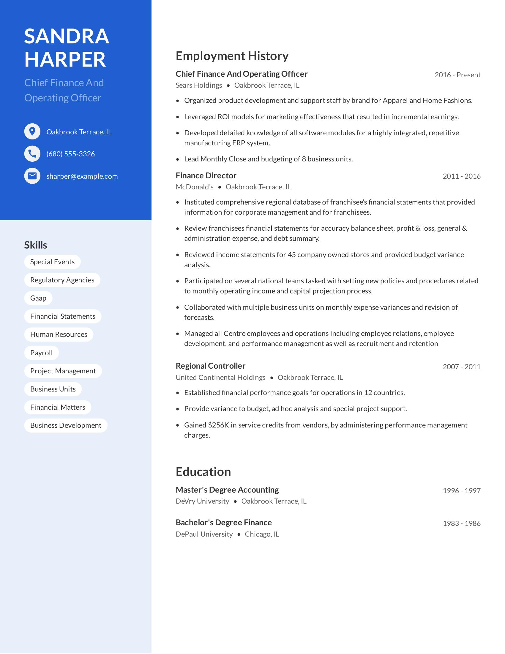 Chief Finance And Operating Officer resume example