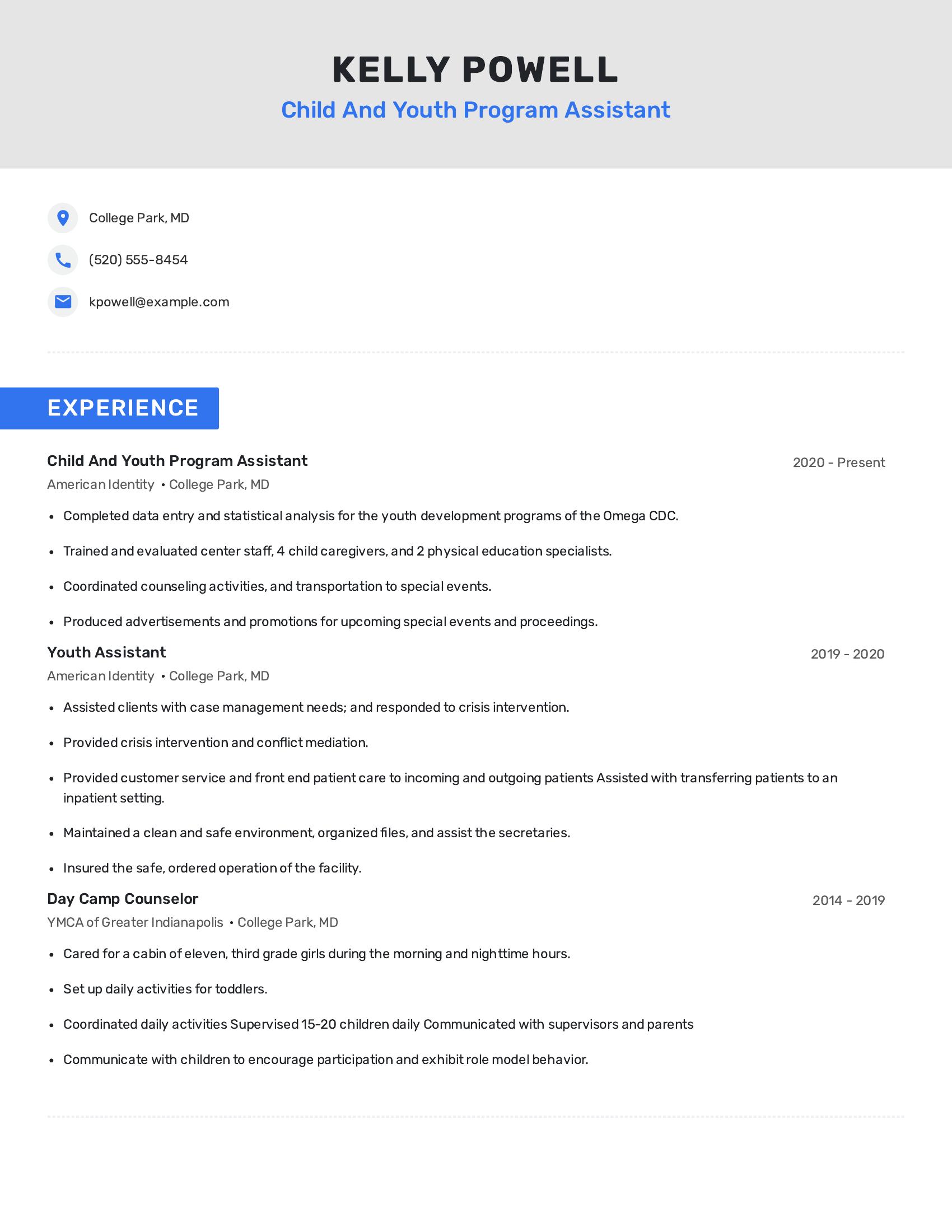 Child And Youth Program Assistant resume example