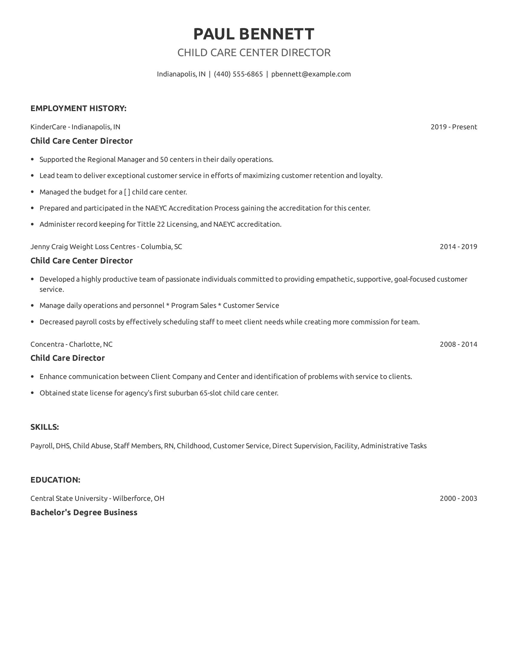 Child Care Center Director resume example