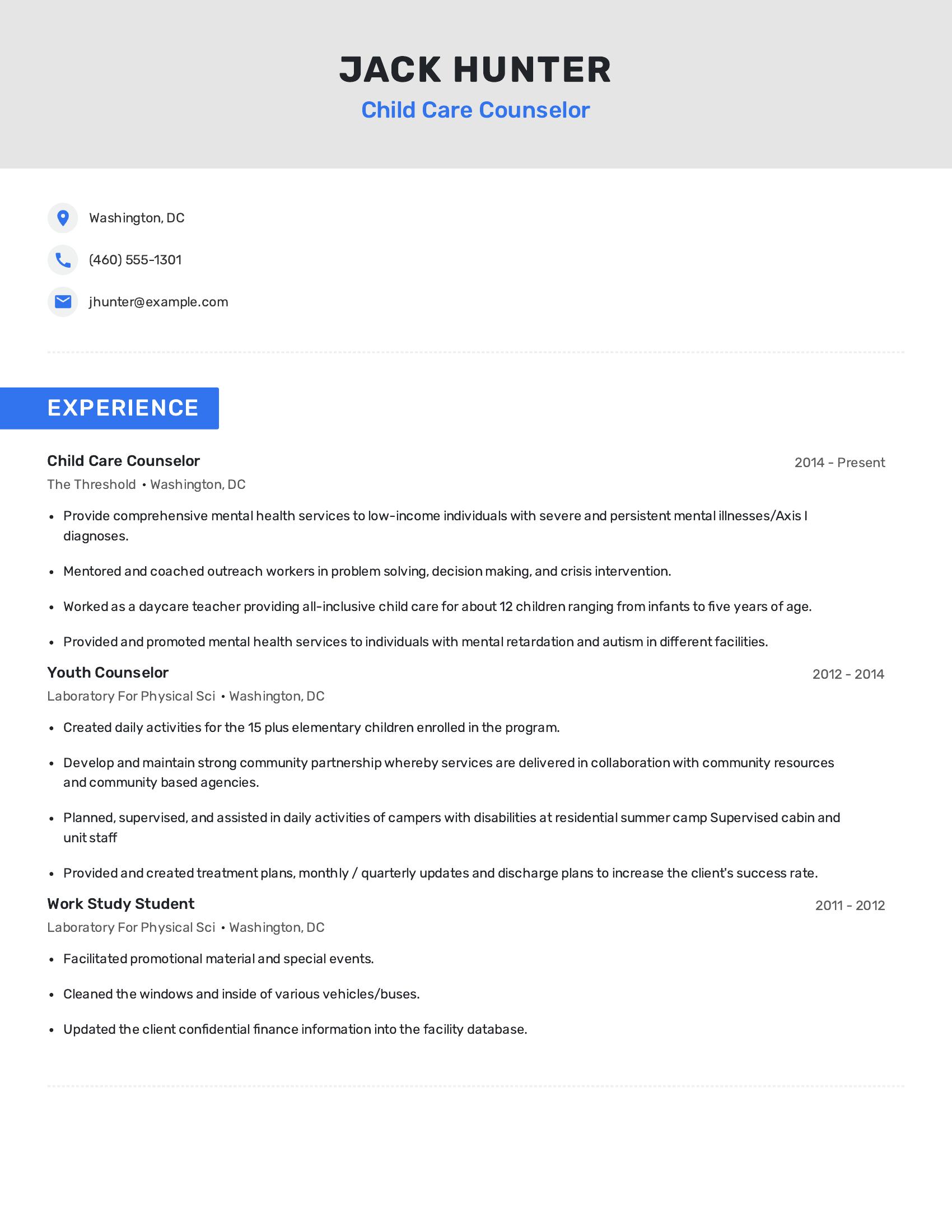 Child Care Counselor resume example