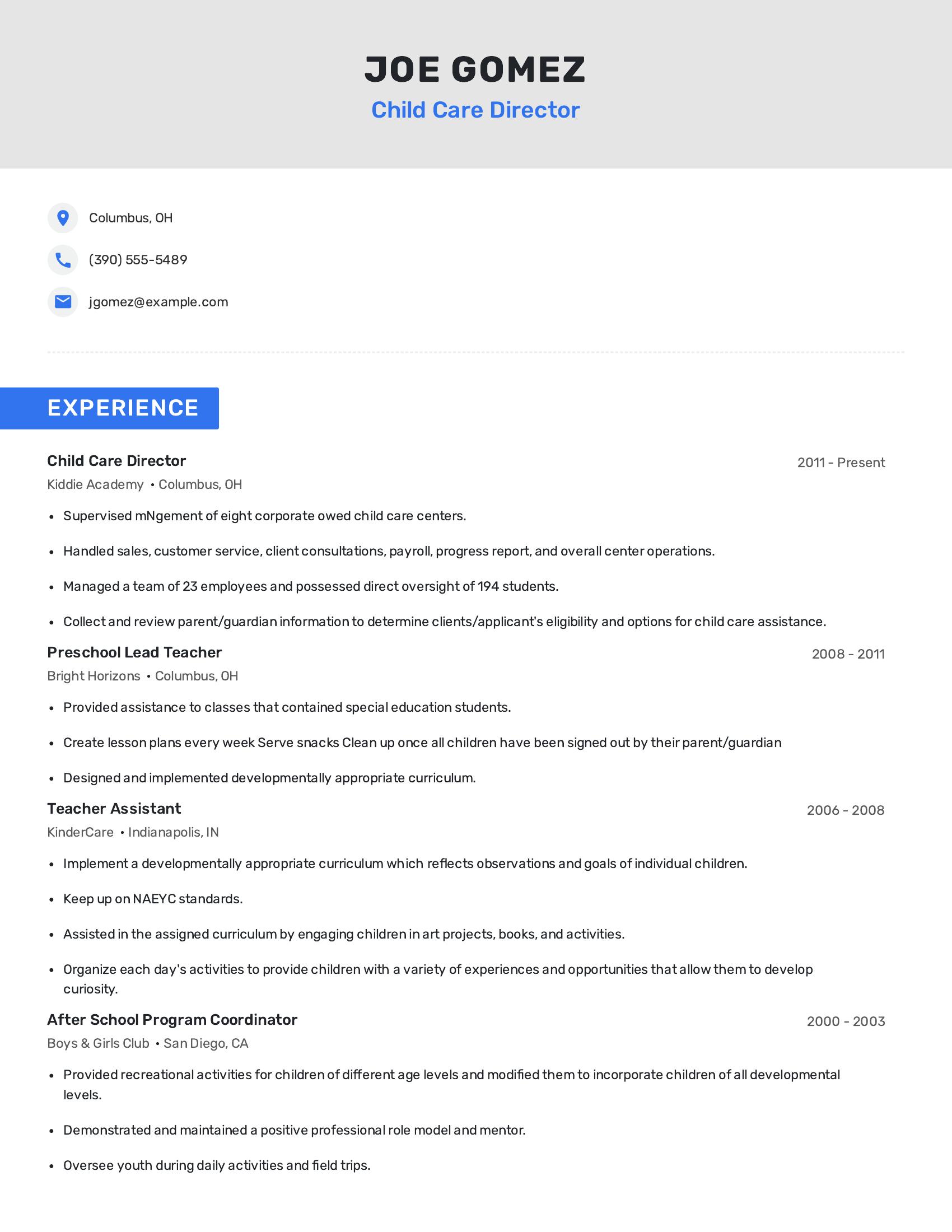Child Care Director resume example