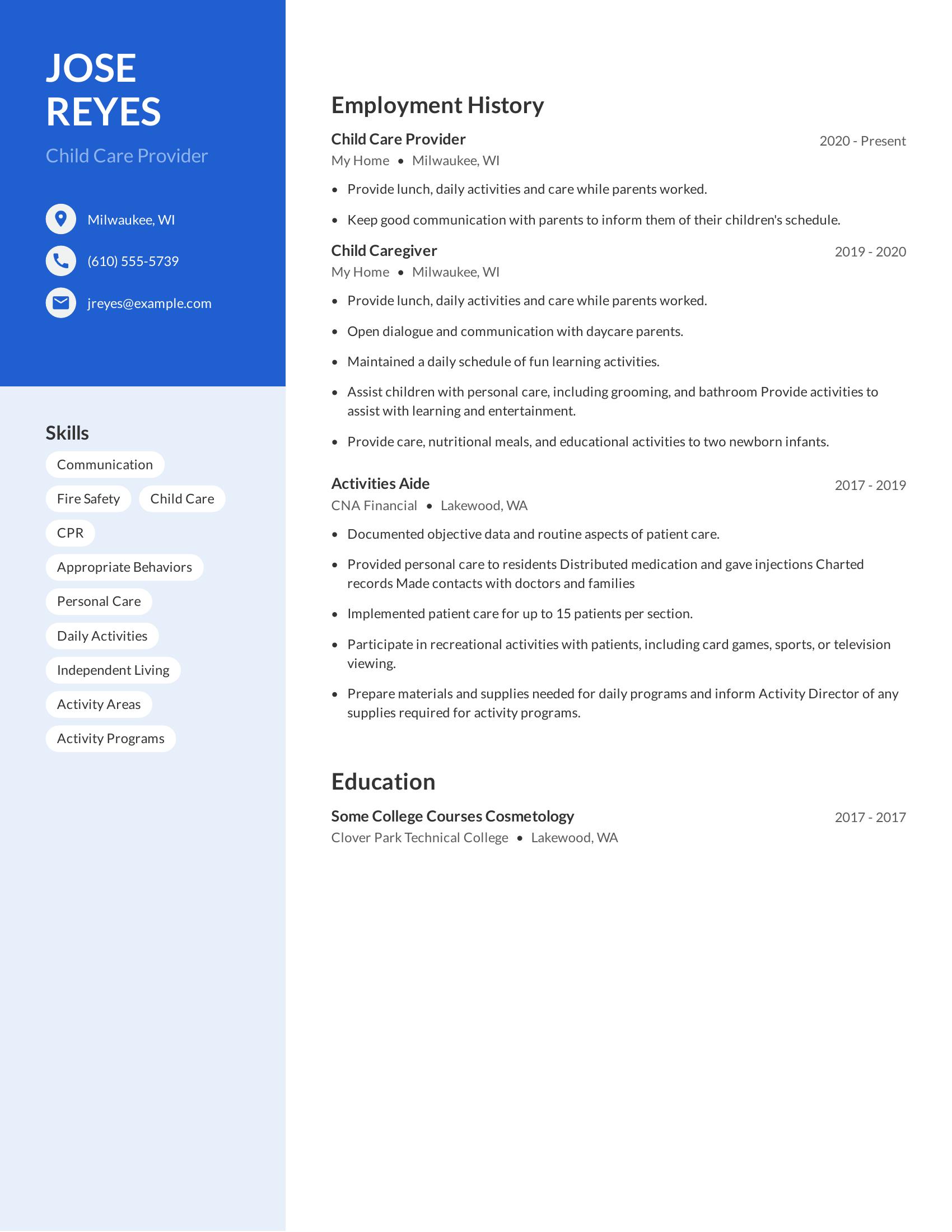 Child Care Provider resume example