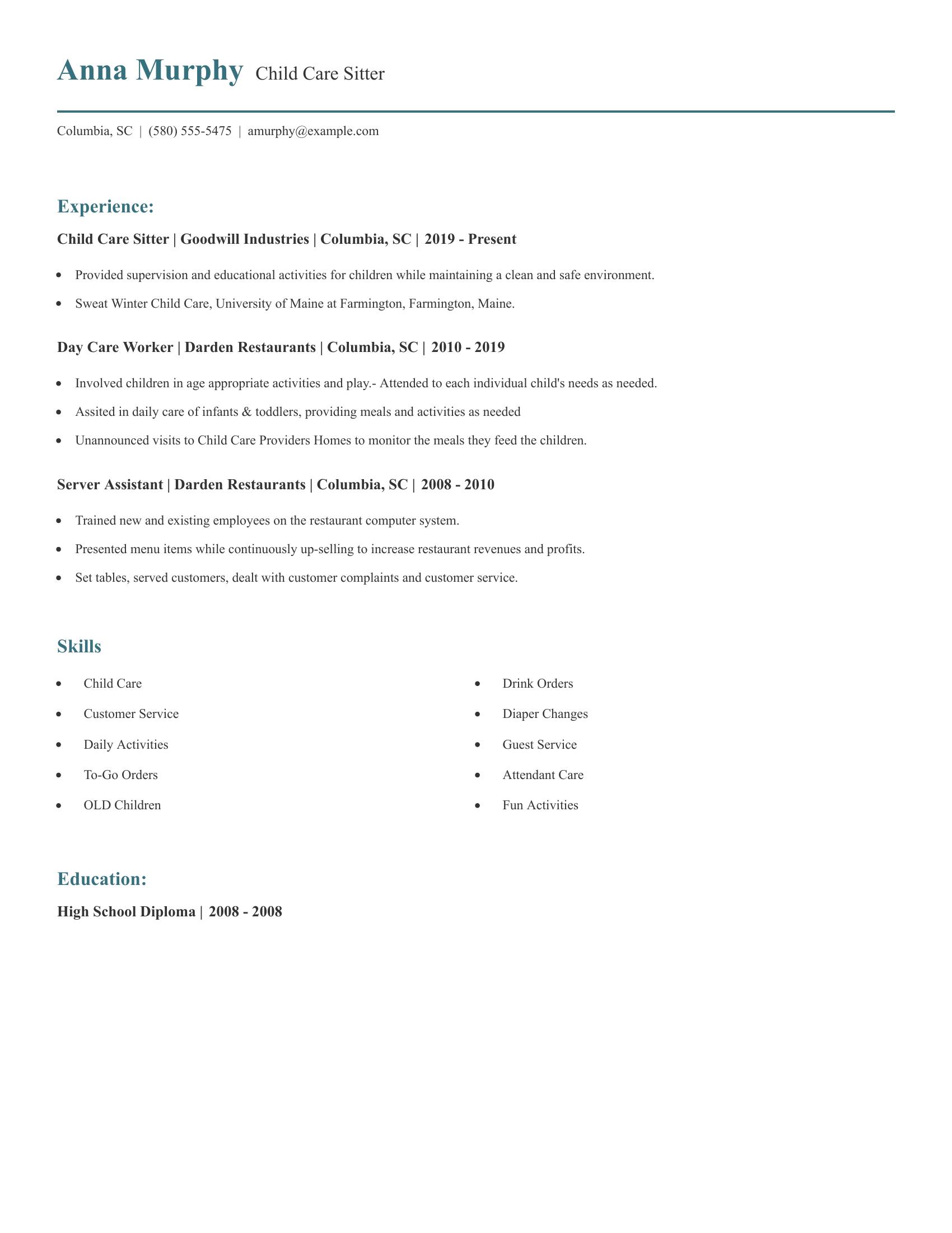 Child Care Sitter resume example