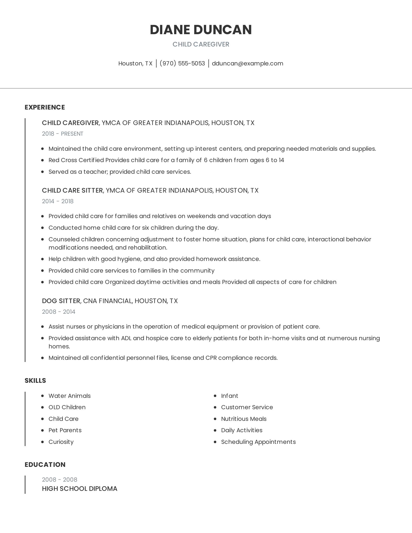 Child Caregiver resume example