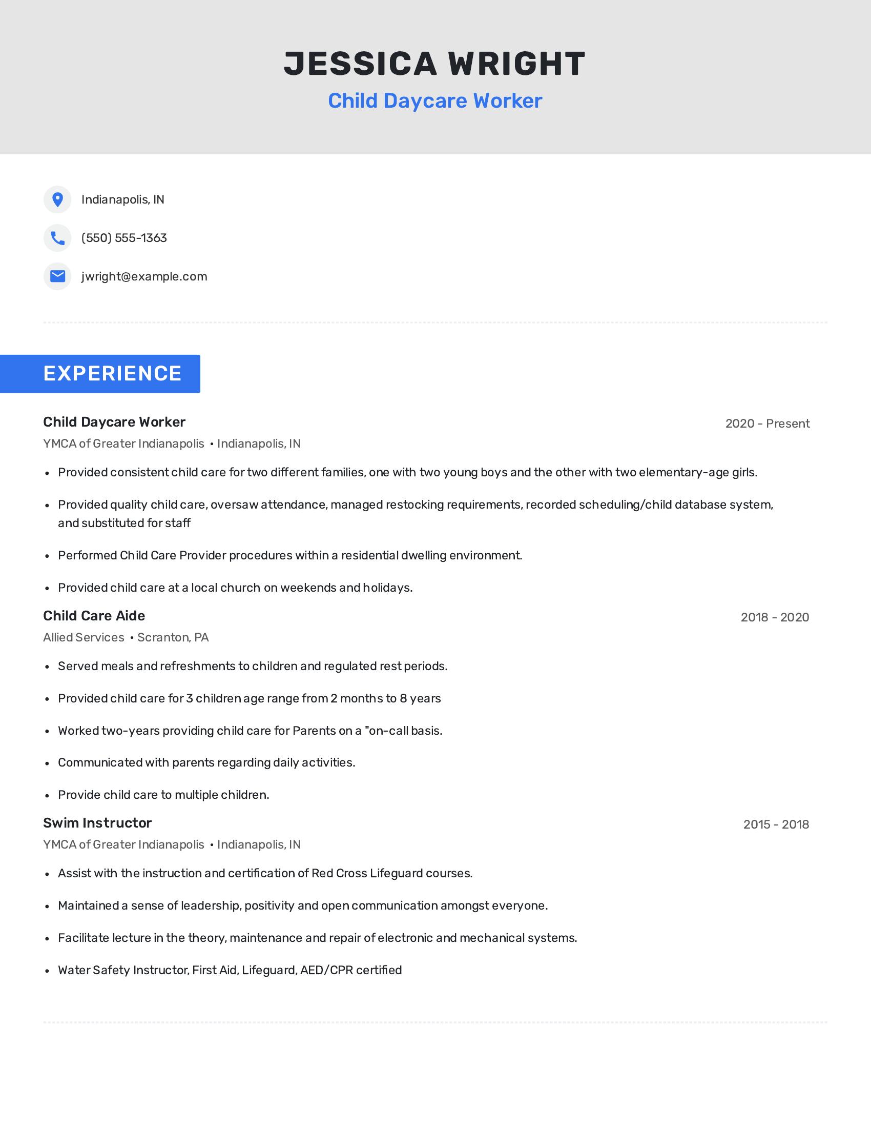 Child Daycare Worker resume example