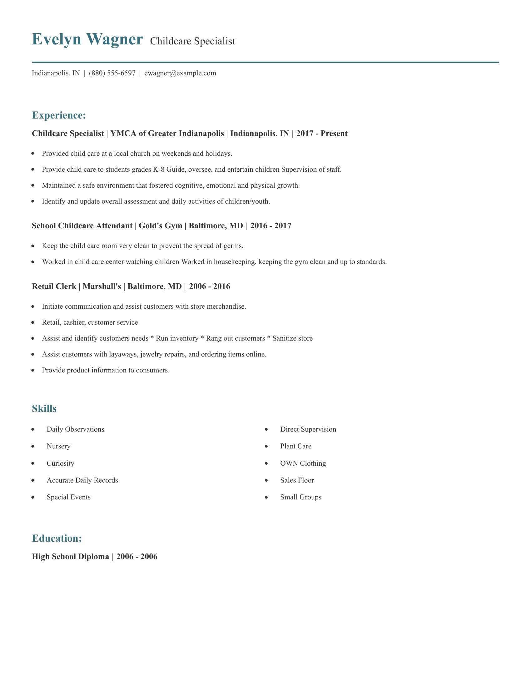 Childcare Specialist resume example