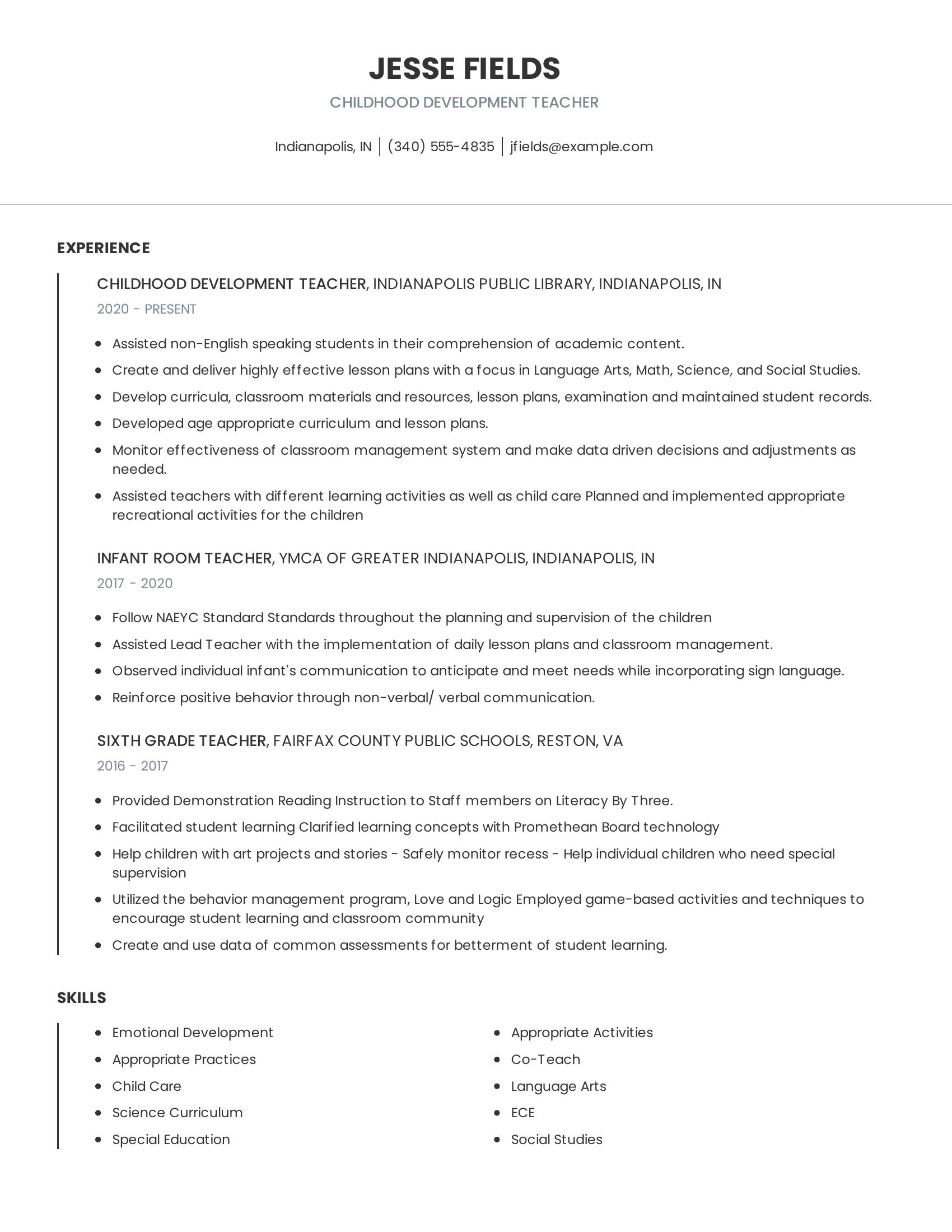 Childhood Development Teacher resume example