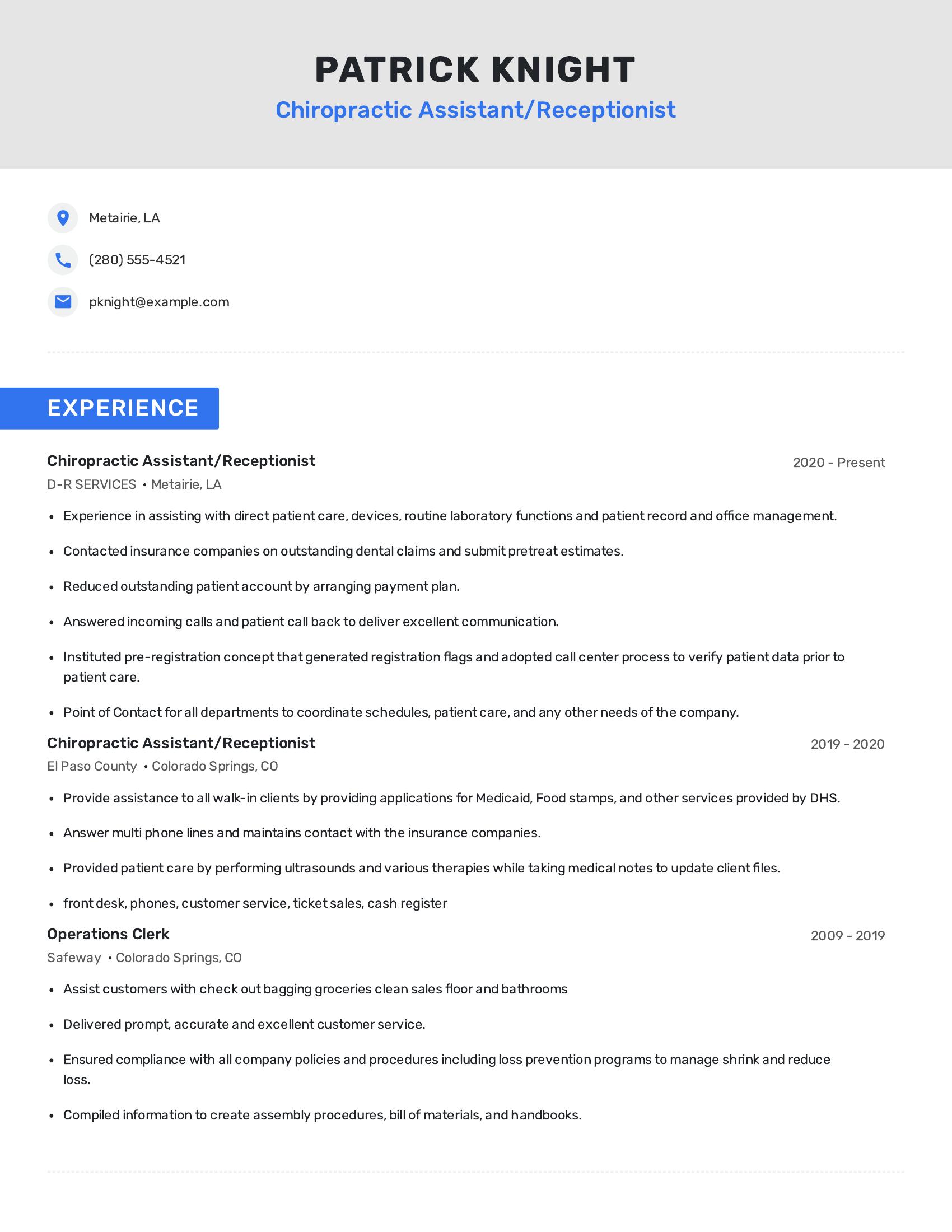 Chiropractic Assistant/Receptionist resume example
