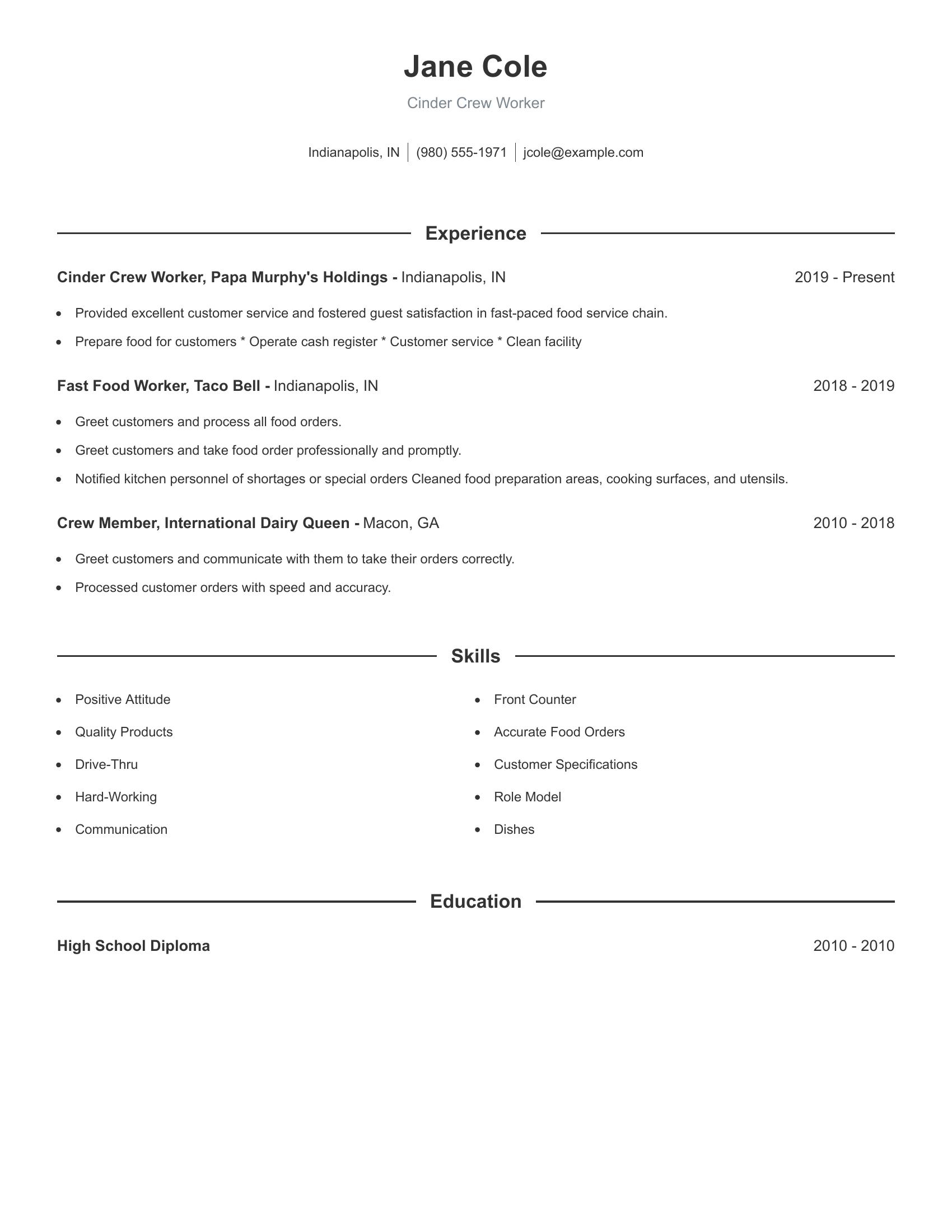 Cinder Crew Worker resume example