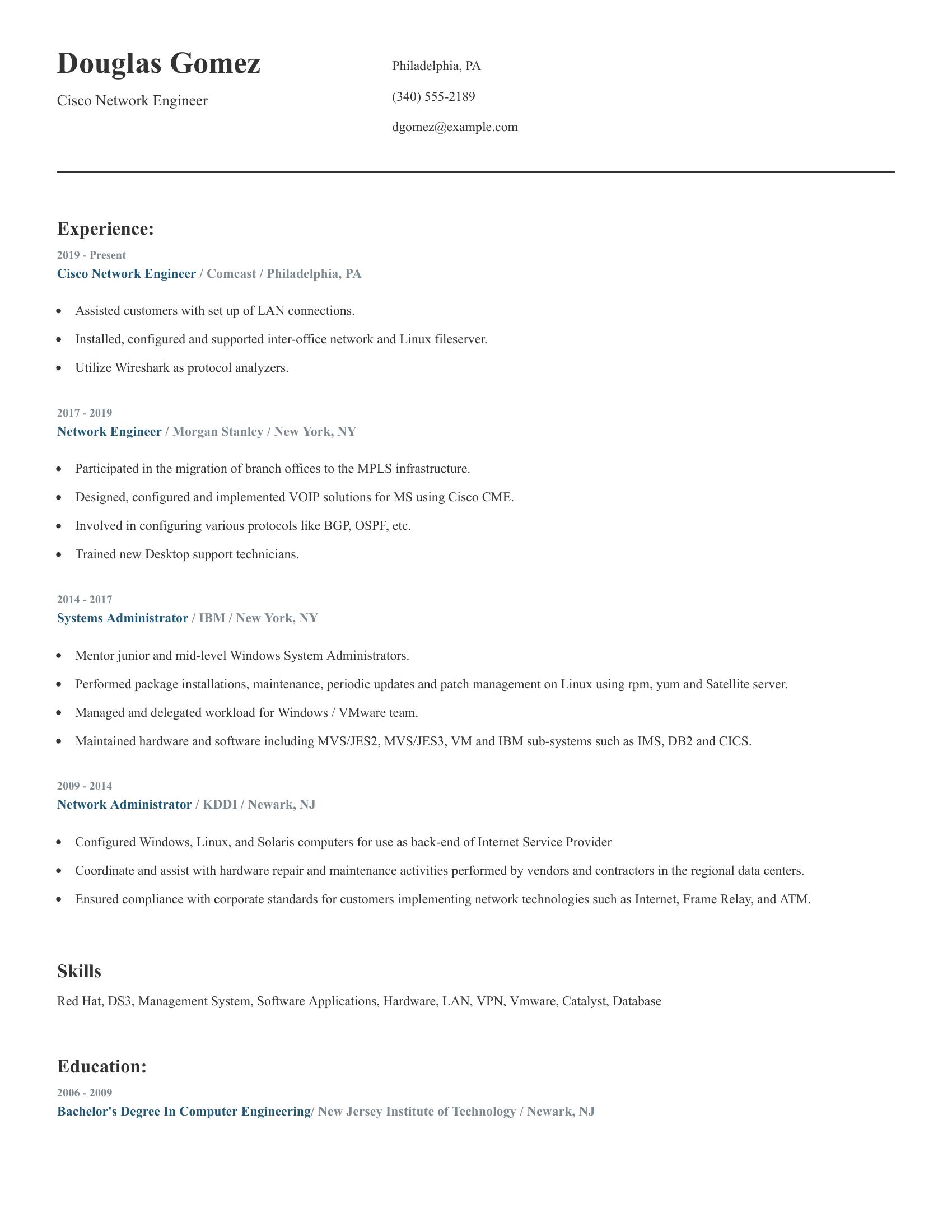 Cisco Network Engineer resume example