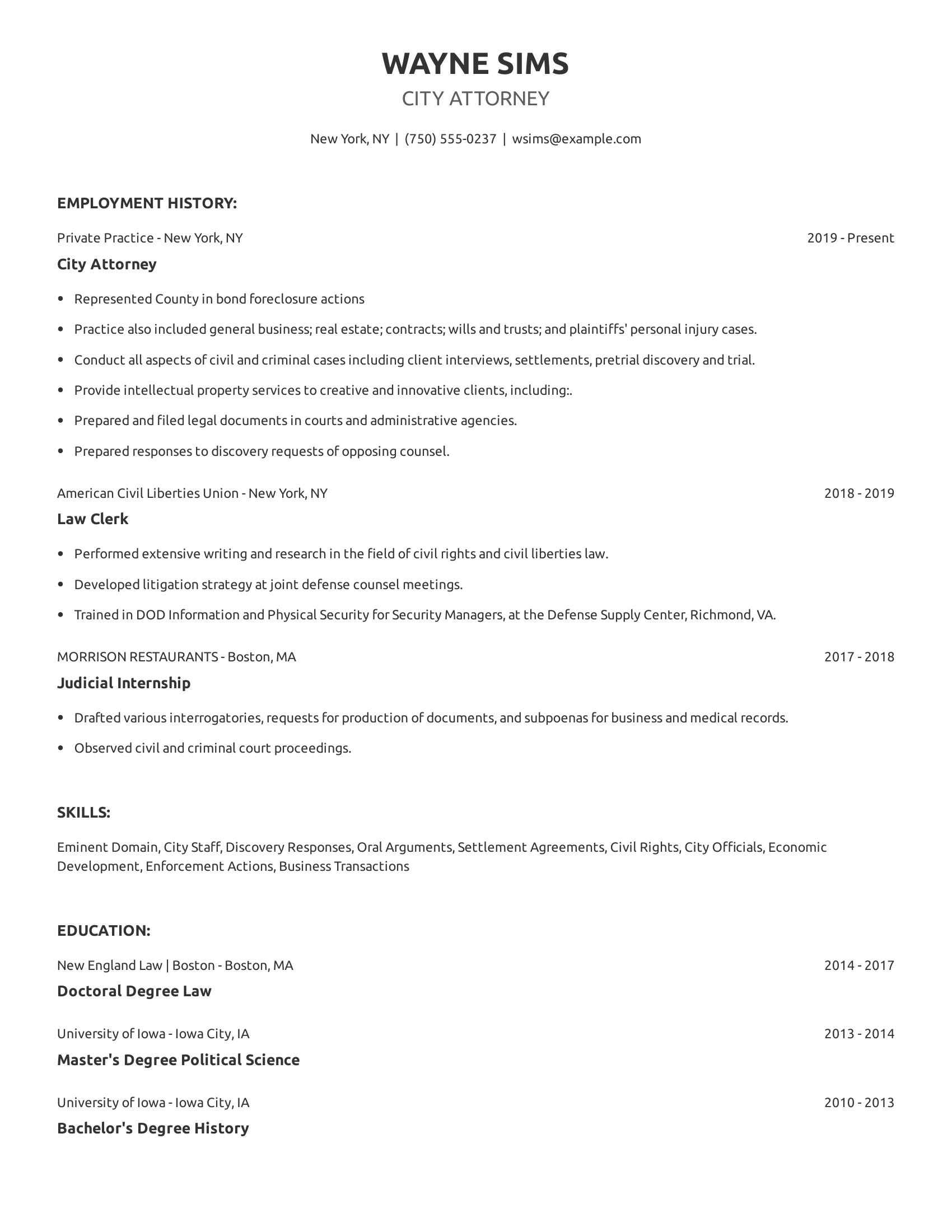 City Attorney resume example