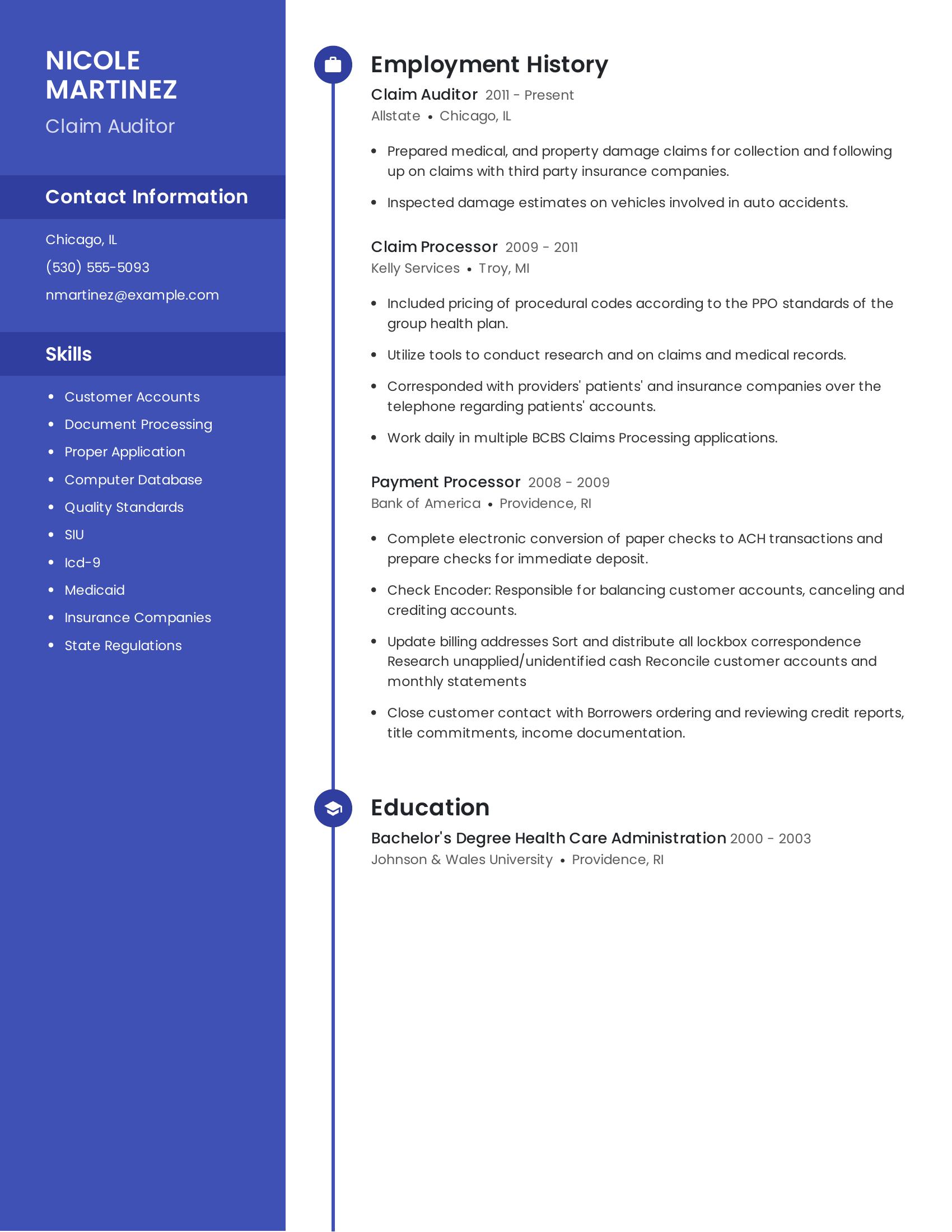 Claim Auditor resume example