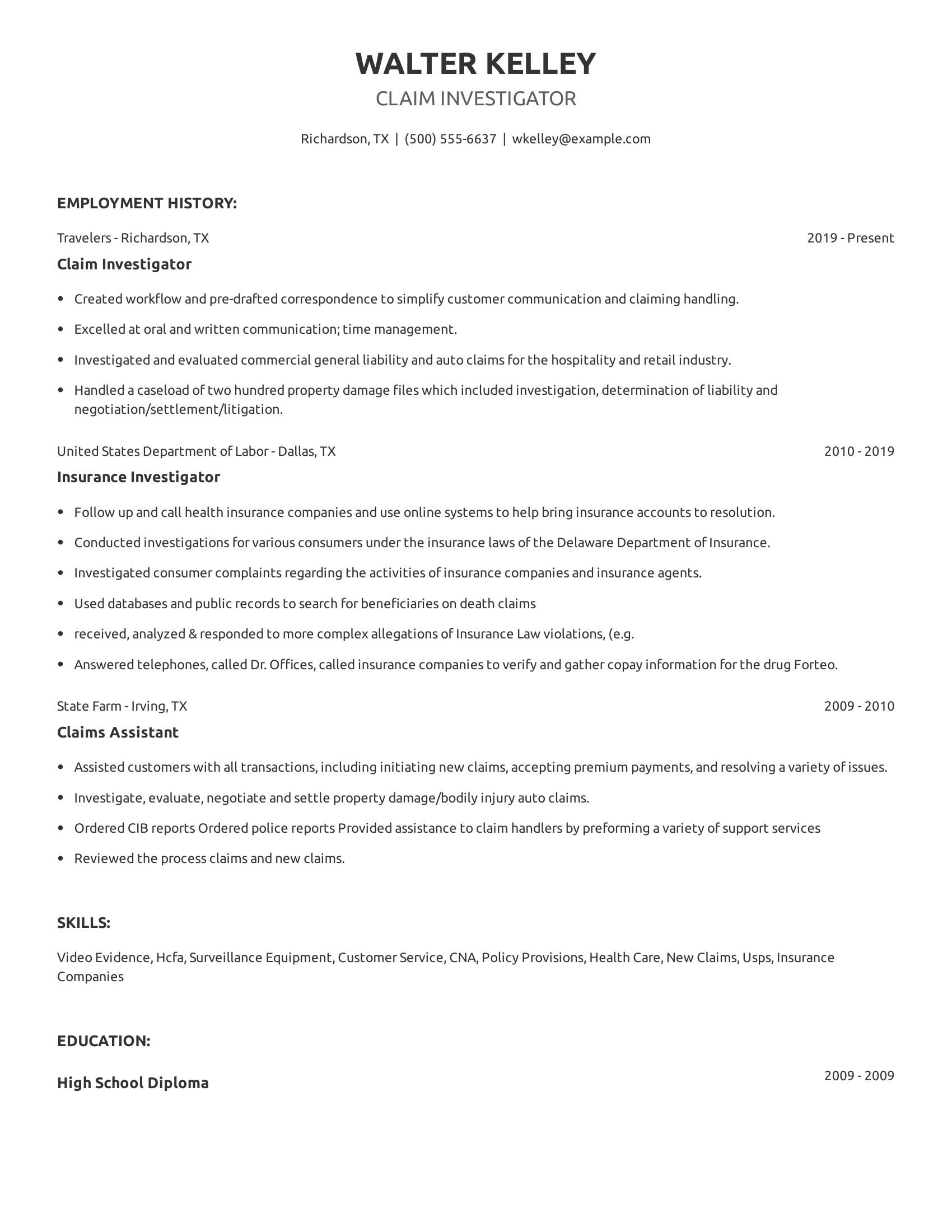 Claim Investigator resume example