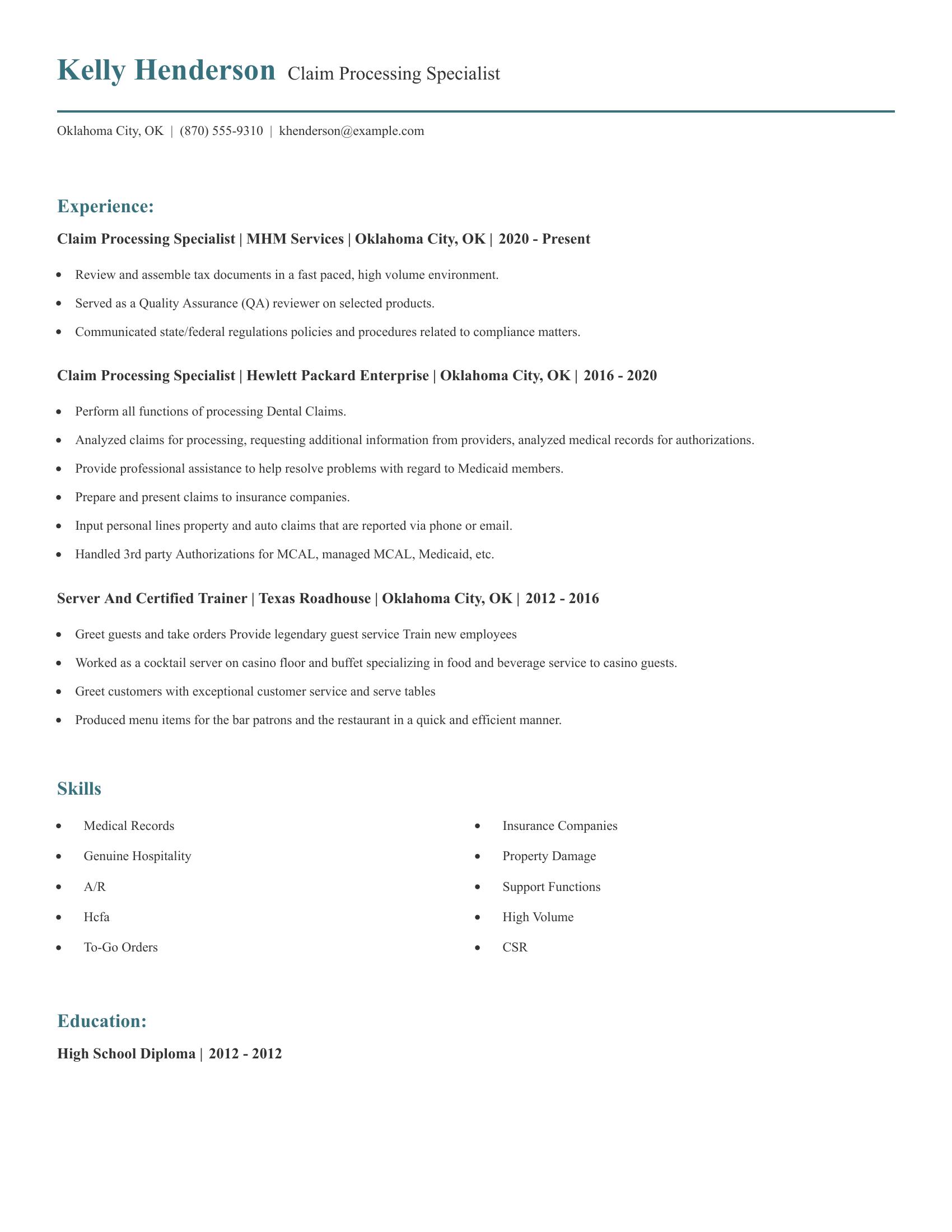 Claim Processing Specialist resume example