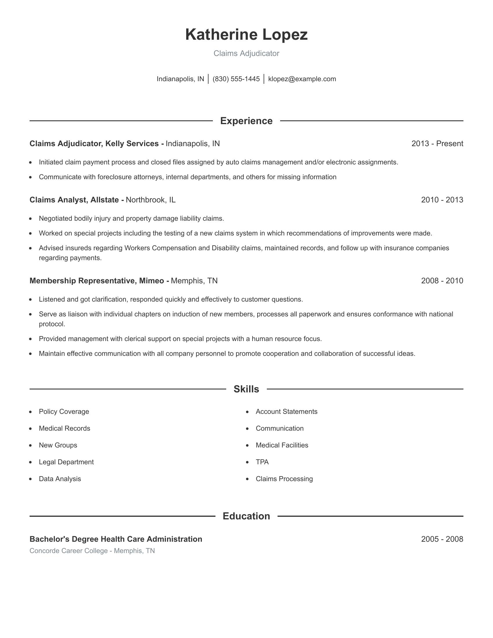 Claims Adjudicator resume example