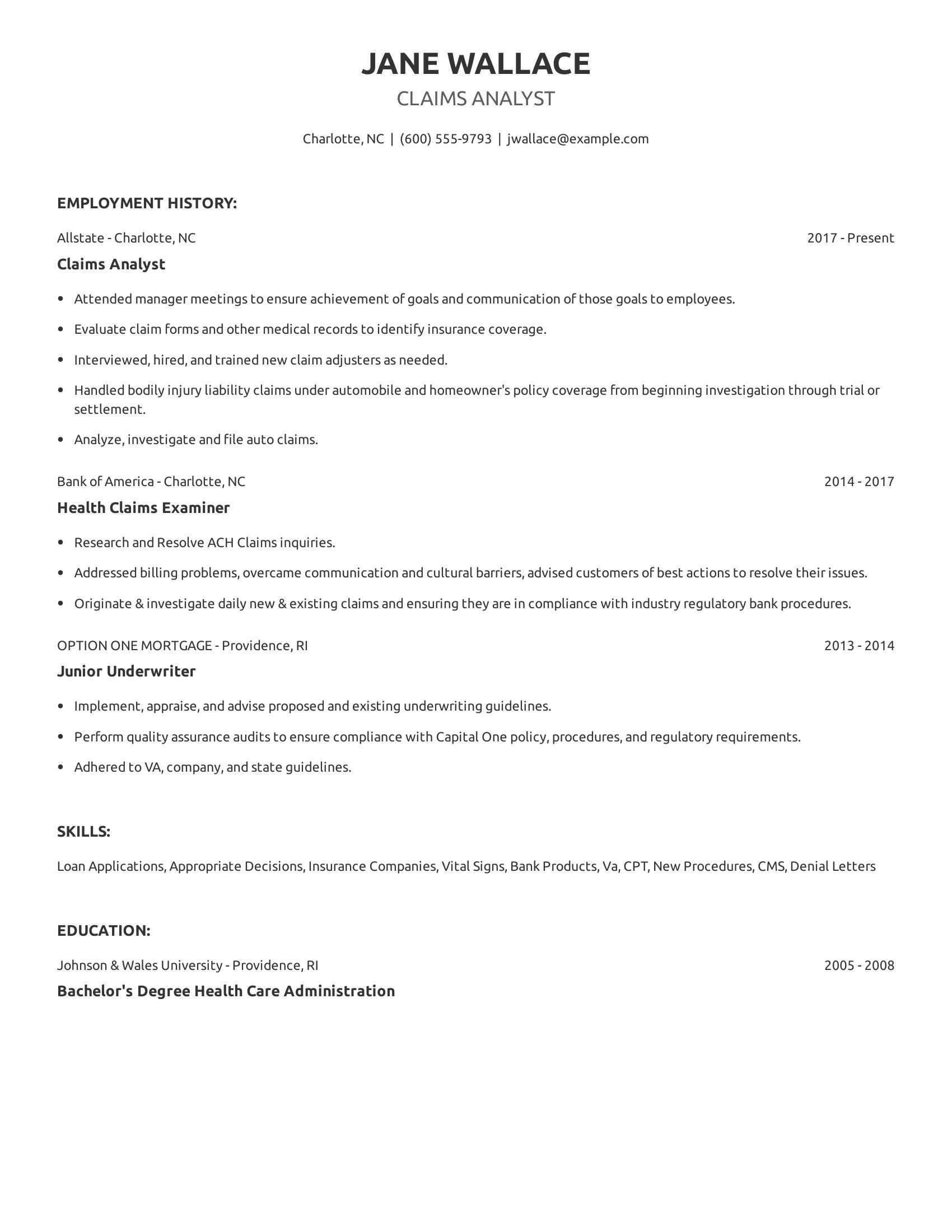 Claims Analyst resume example