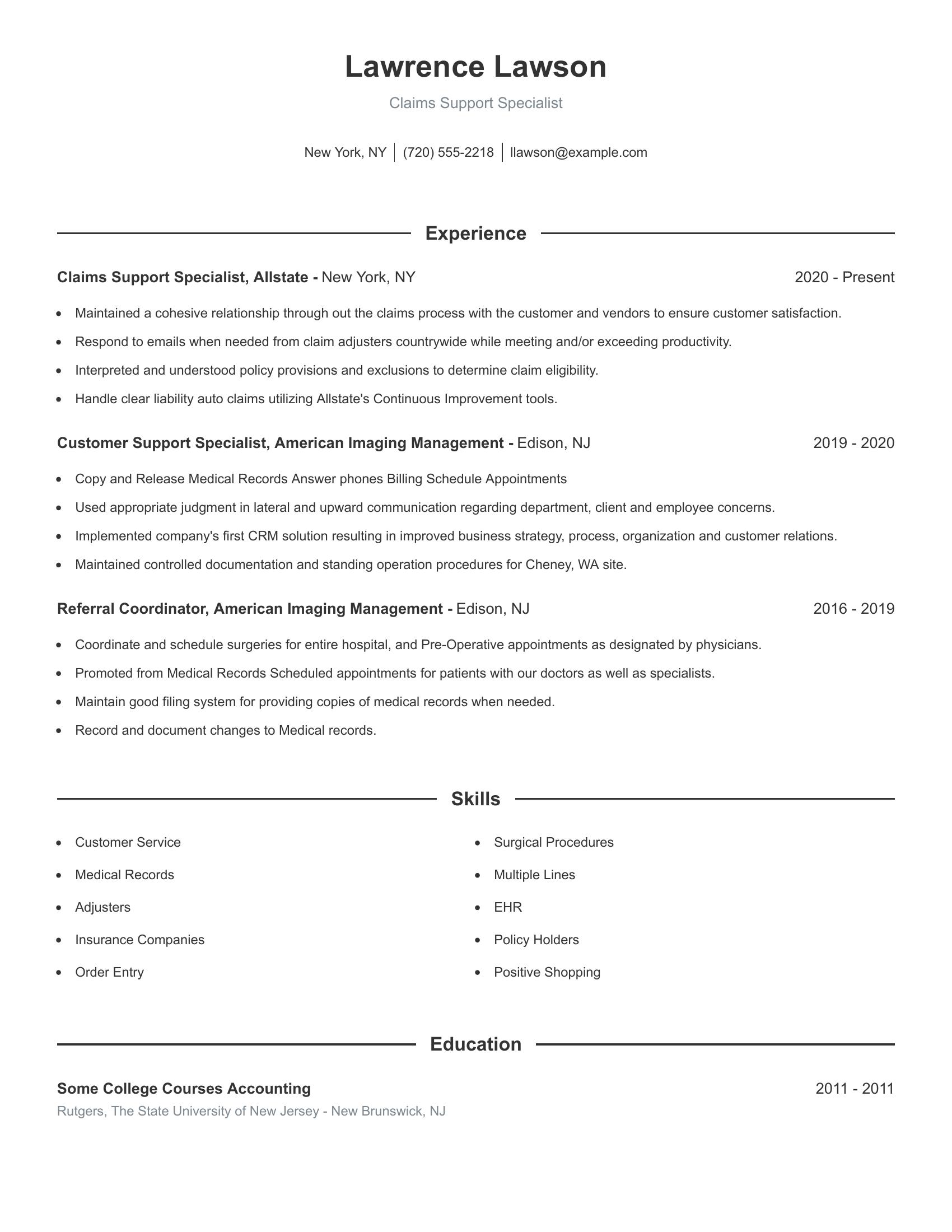 Claims Support Specialist resume example