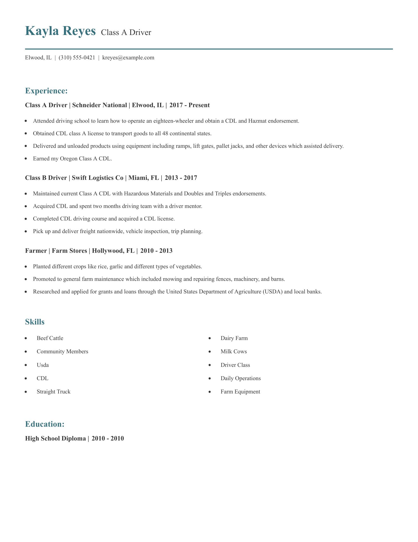 Class A Driver resume example