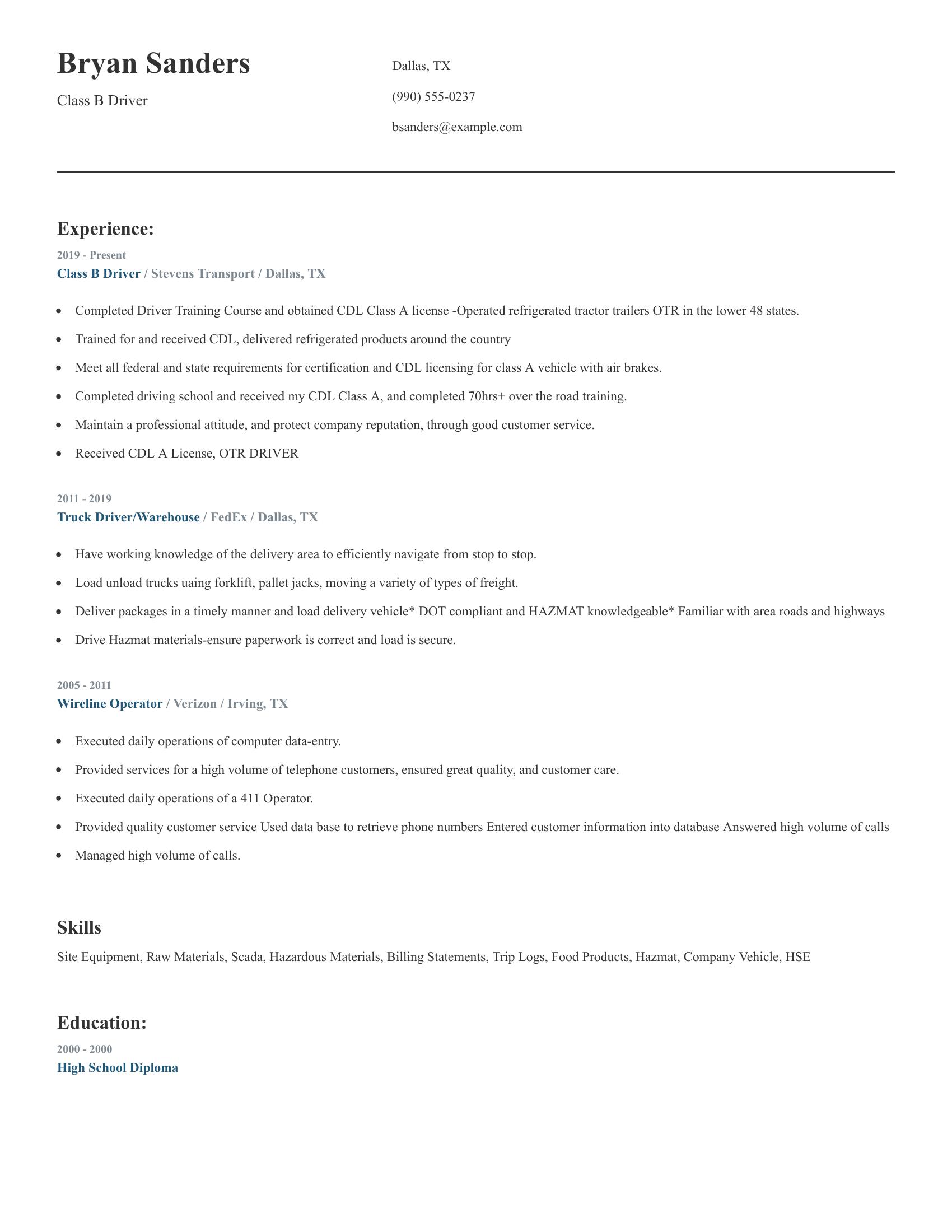 Class B Driver resume example