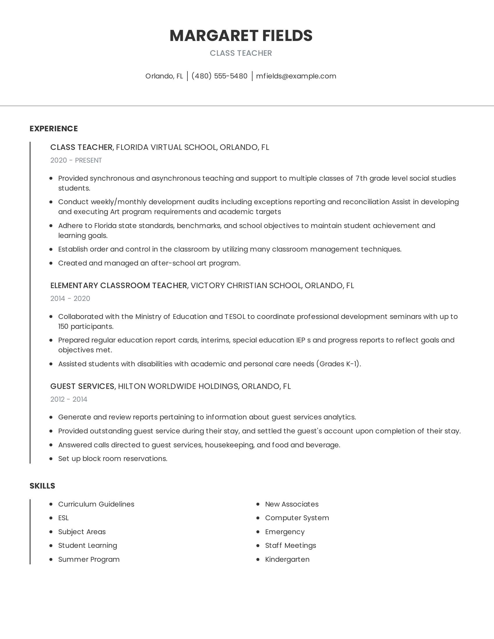 Class Teacher resume example