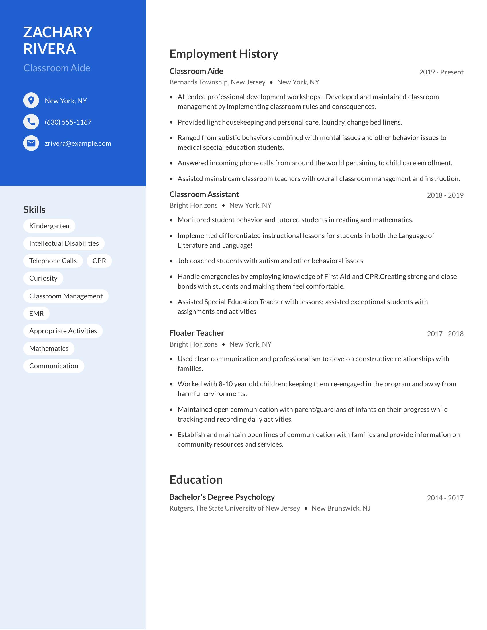 Classroom Aide resume example