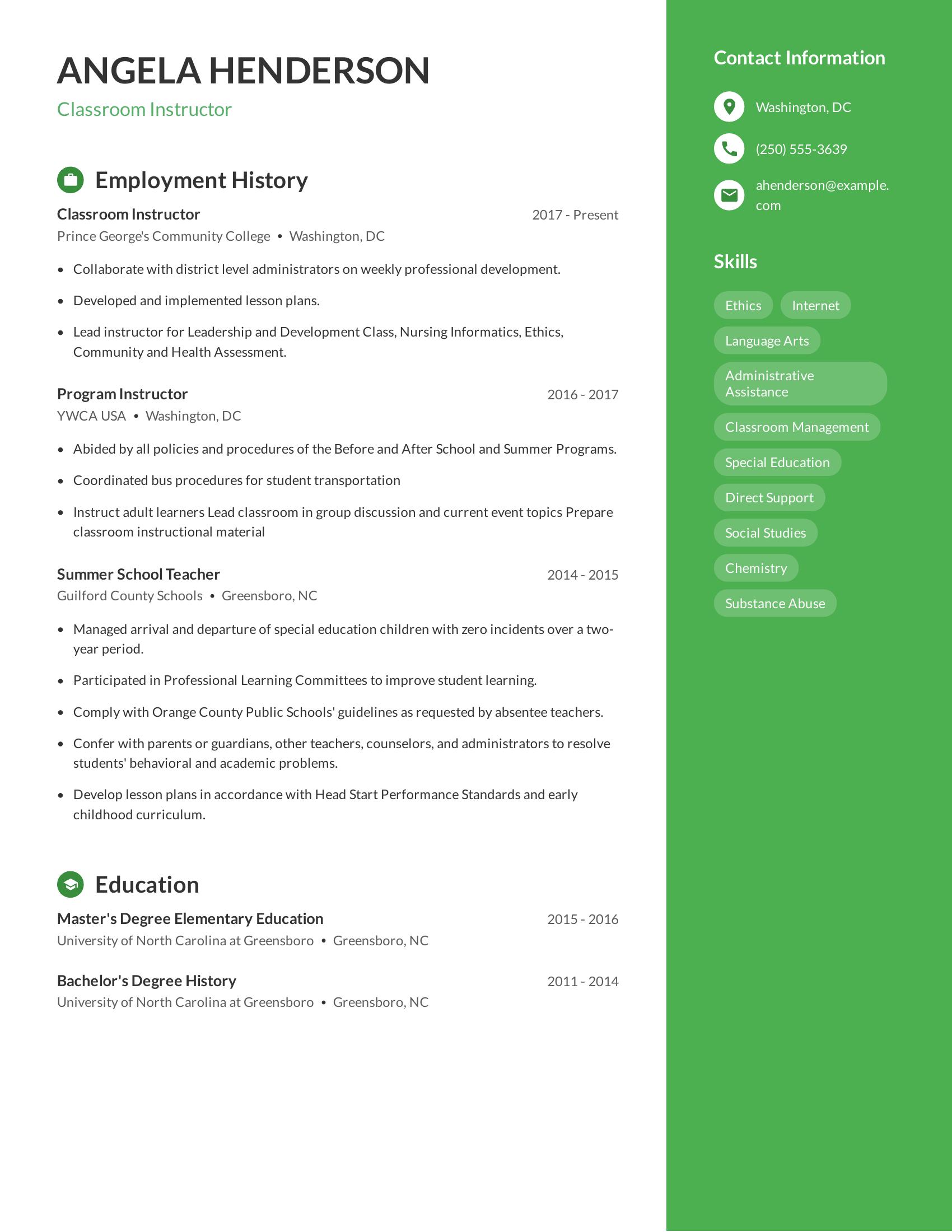 Classroom Instructor resume example