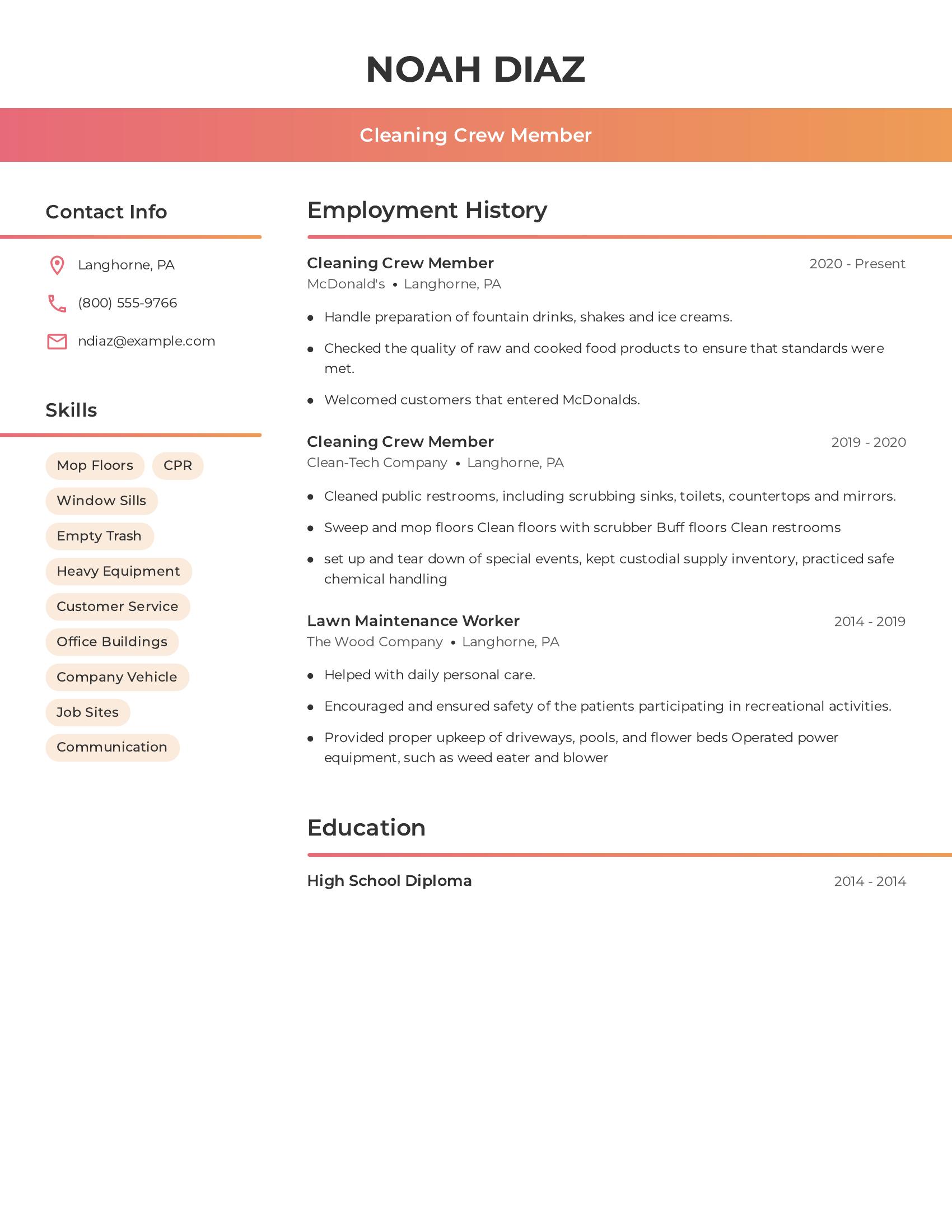 Cleaning Crew Member resume example