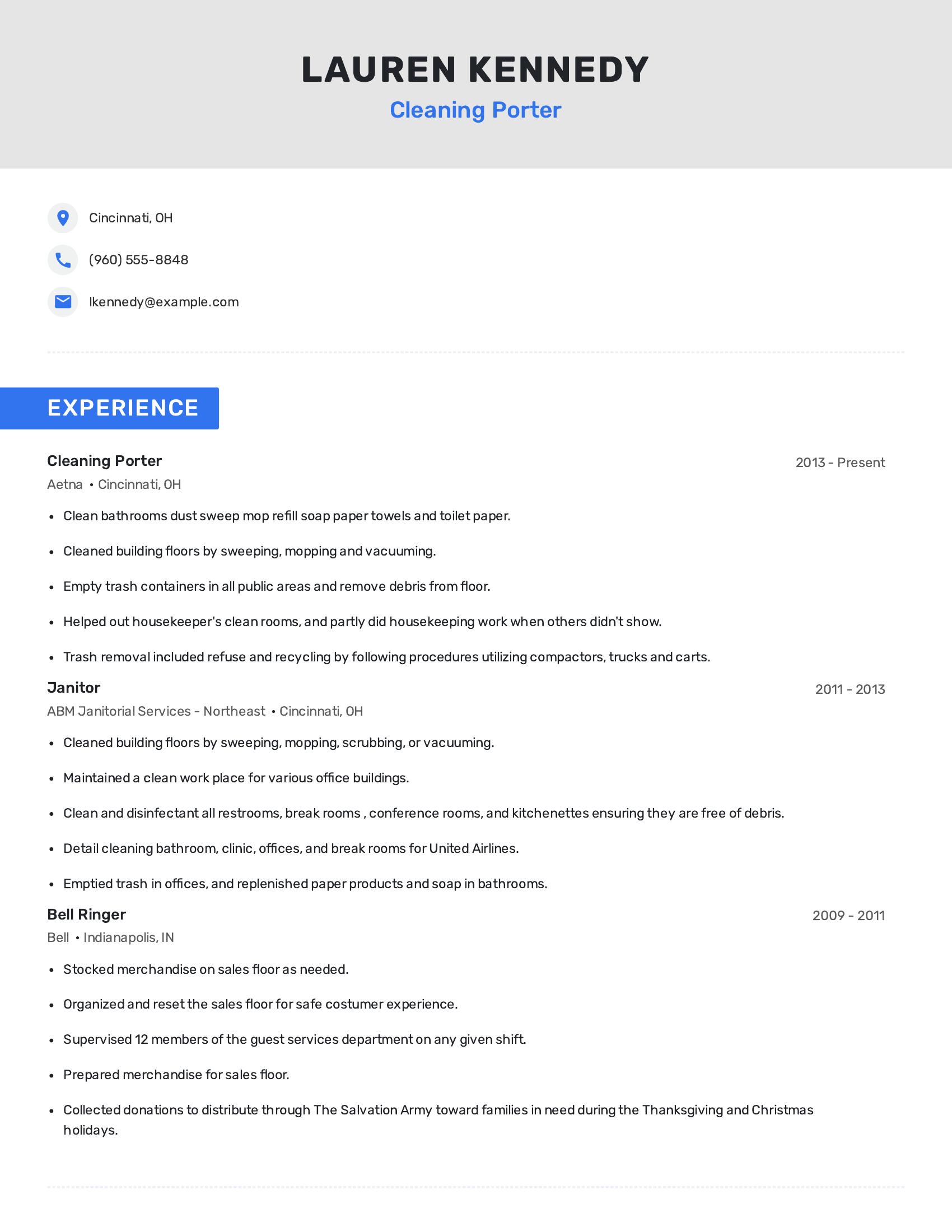 Cleaning Porter resume example