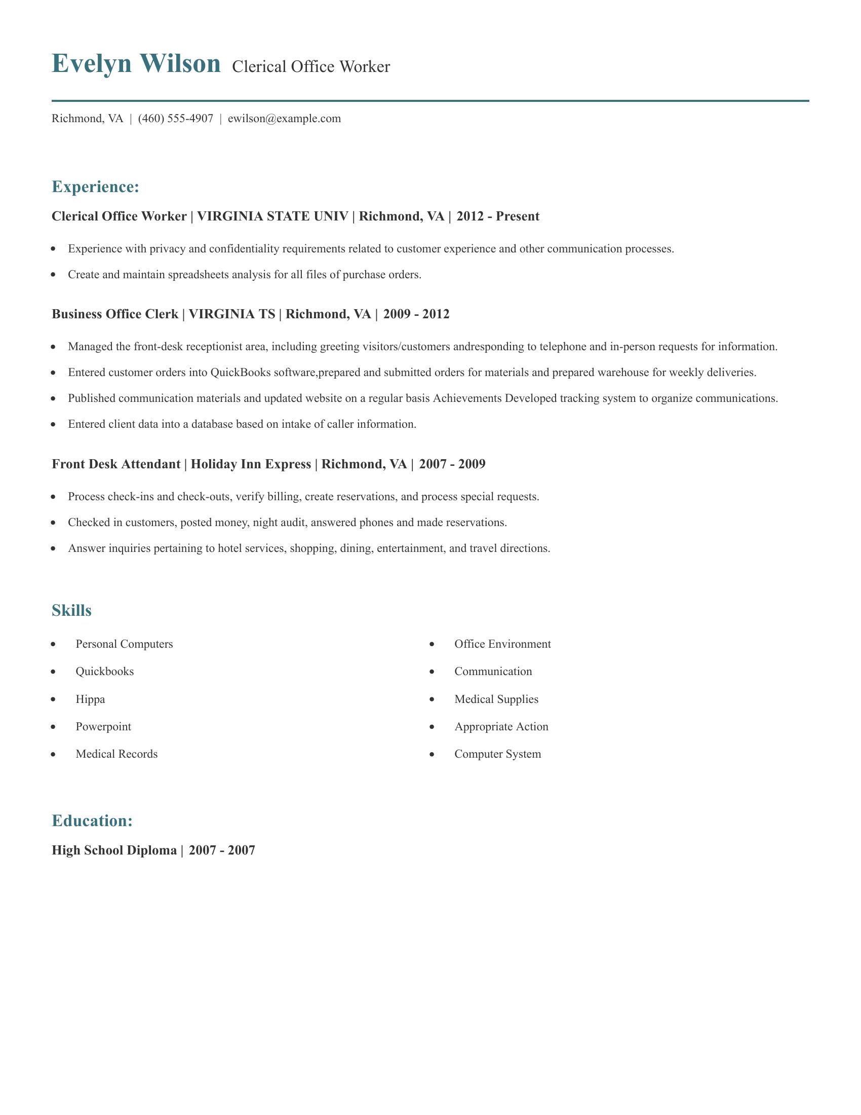 Clerical Office Worker resume example