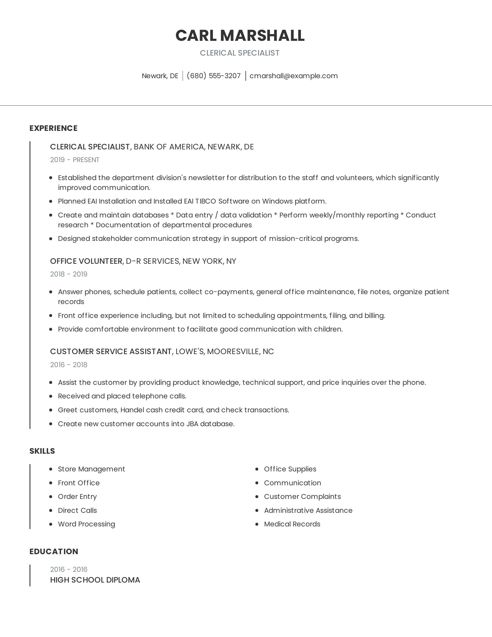 Clerical Specialist resume example