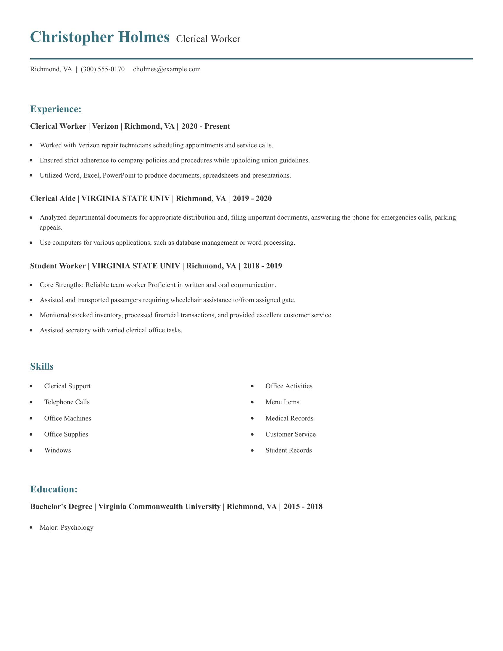 Clerical Worker resume example