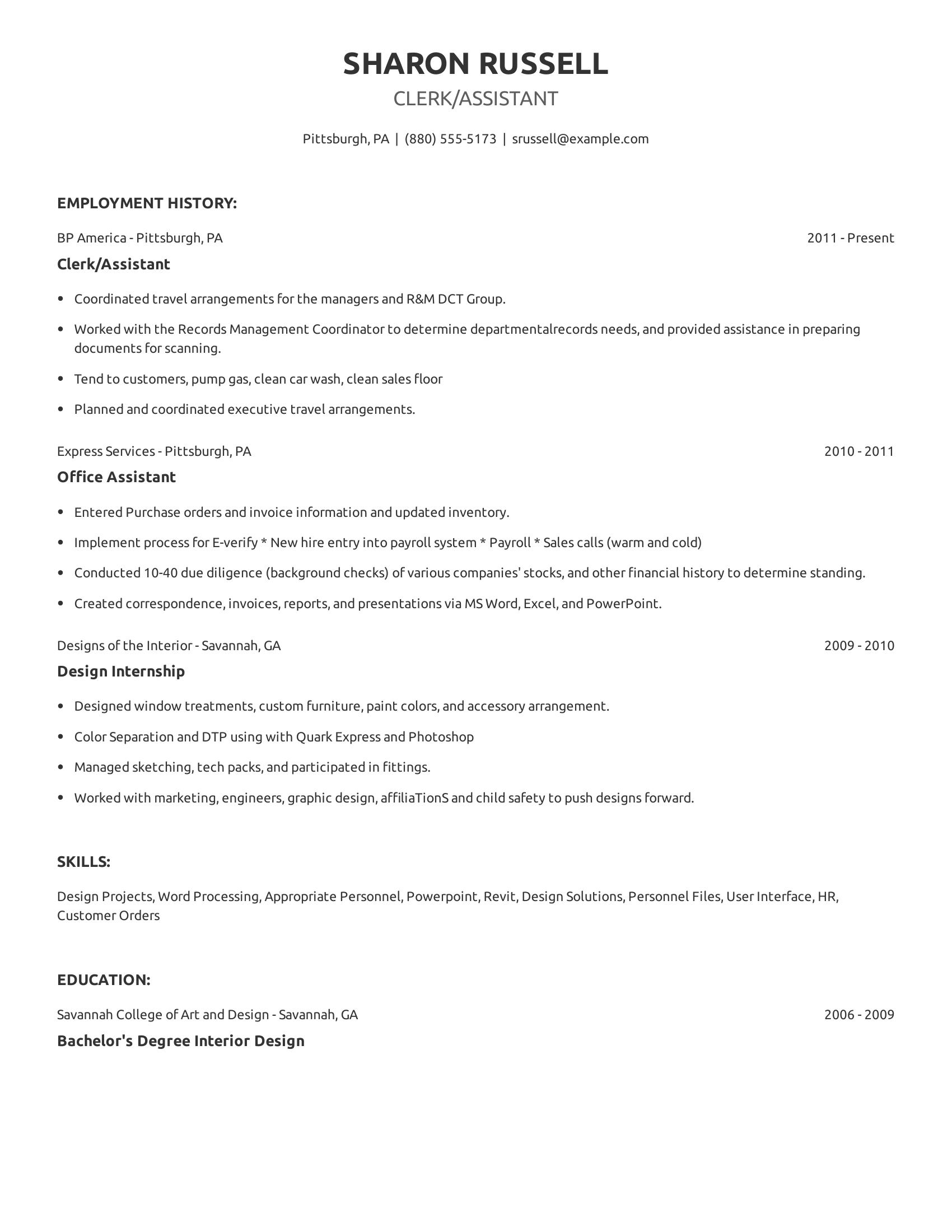 Clerk/Assistant resume example