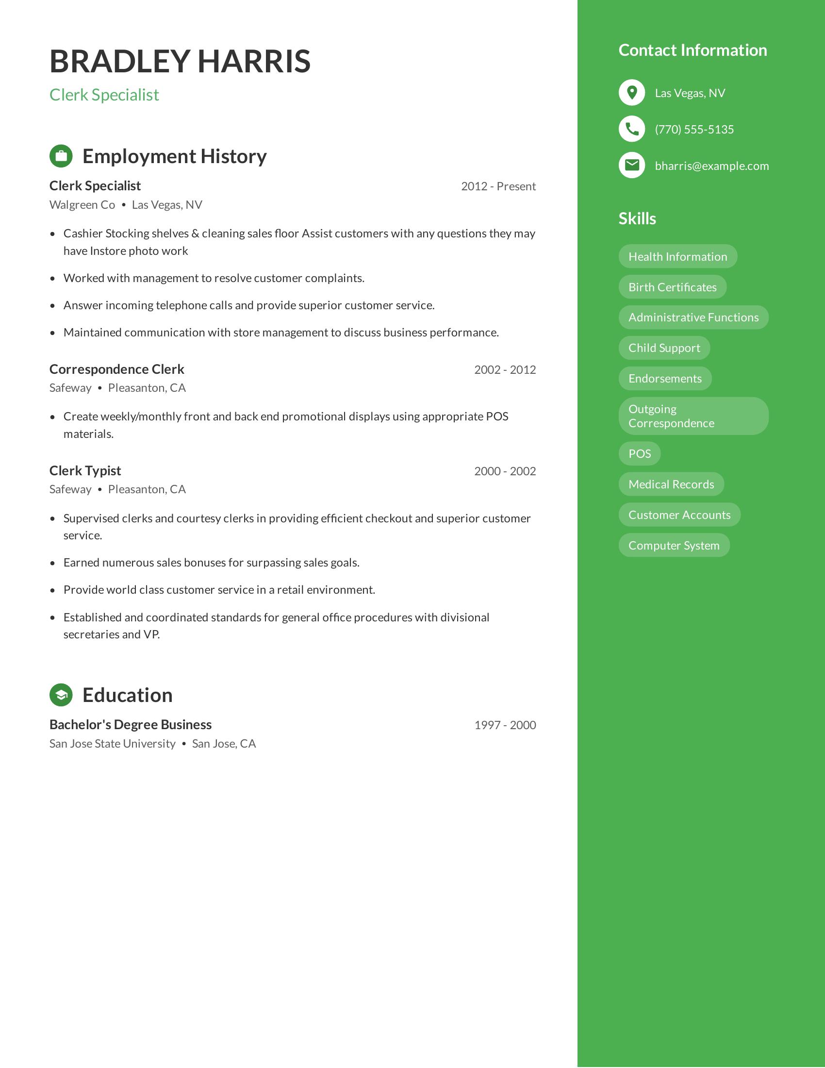 Clerk Specialist resume example