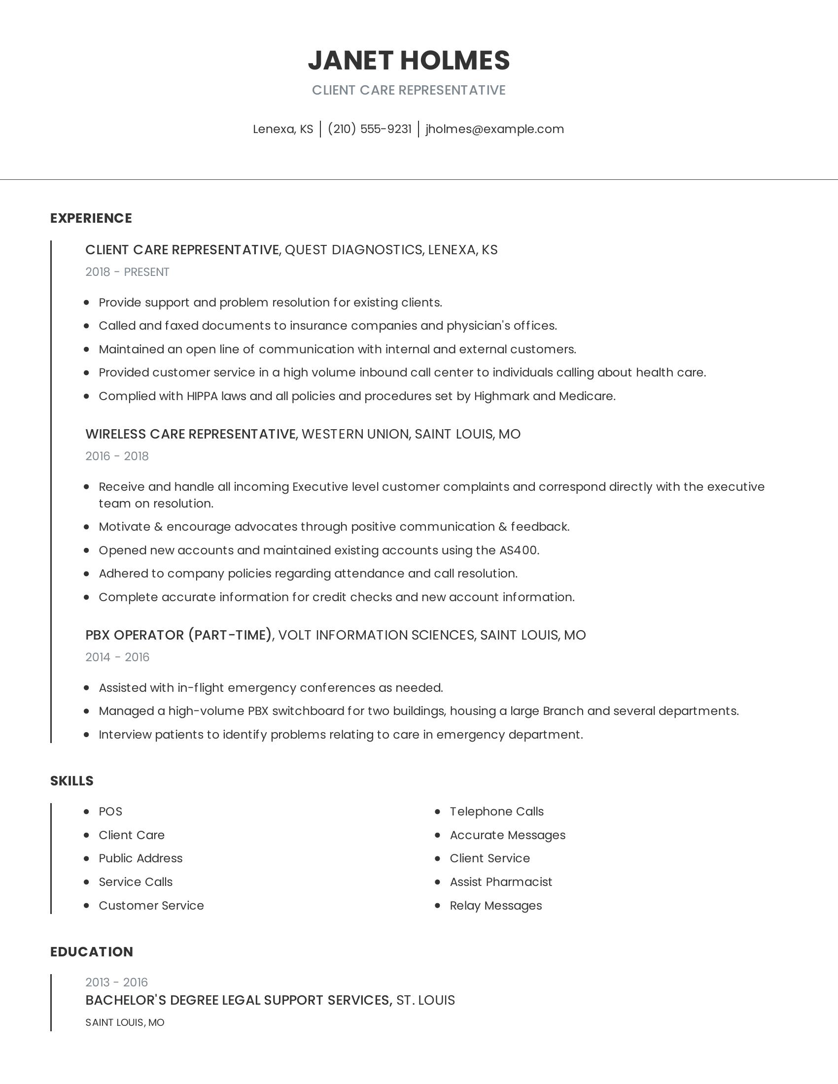 Client Care Representative resume example