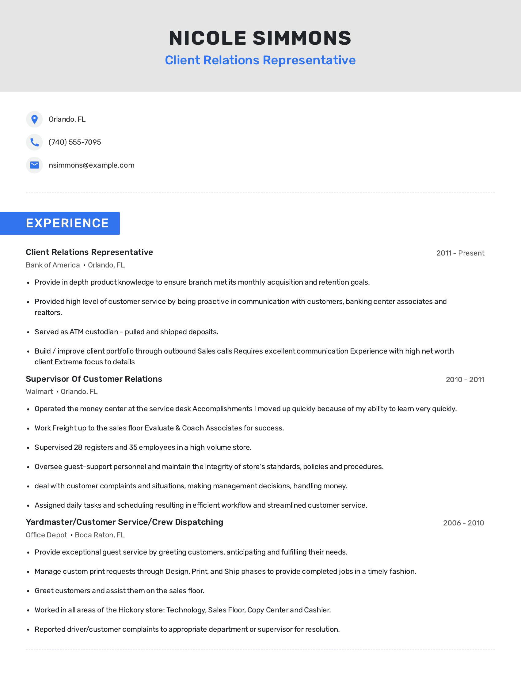 Client Relations Representative resume example