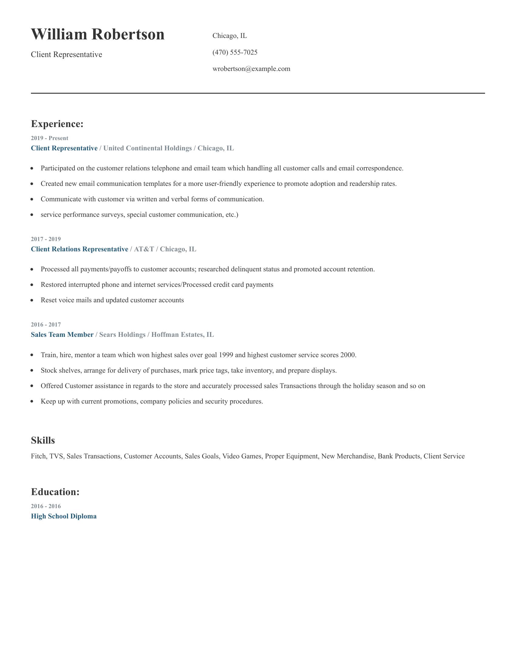 Client Representative resume example