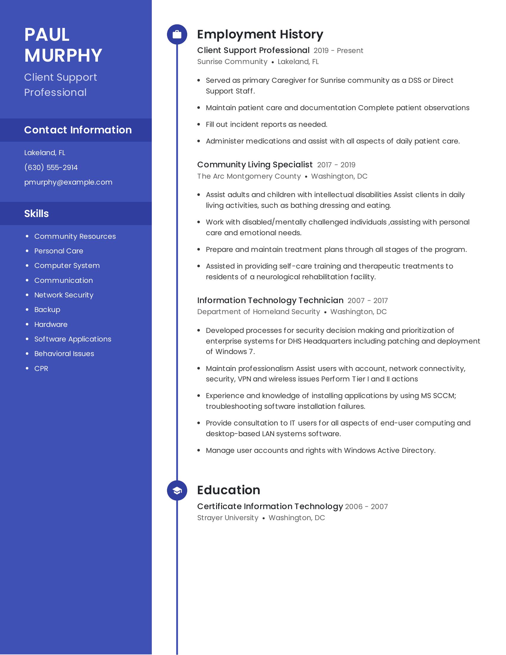 Client Support Professional resume example